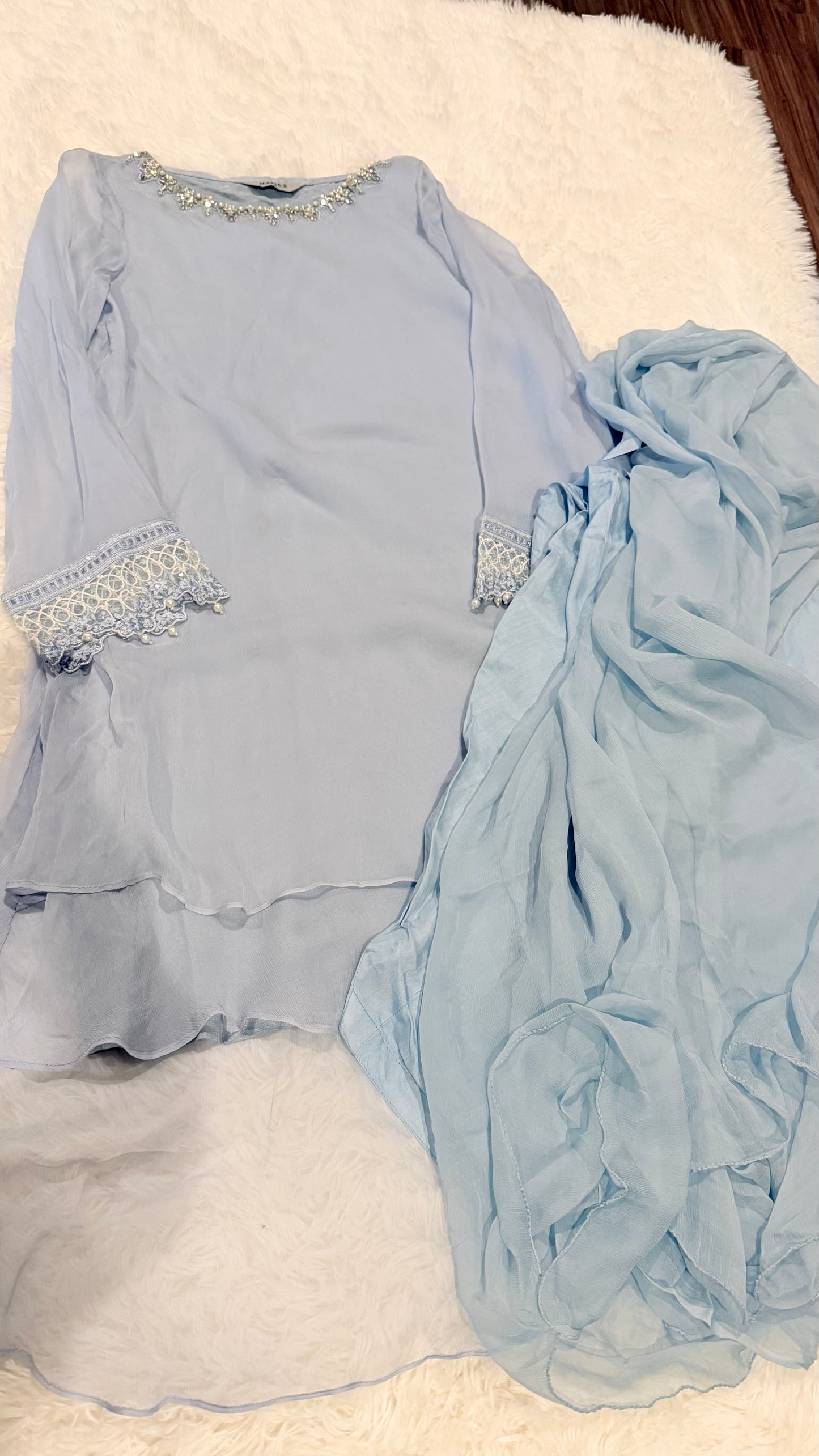 Maria B Gray Blue Chiffon Layered Style Shirt with Embellishments on Neckline and Lace and Pearl Trim on Sleeves.