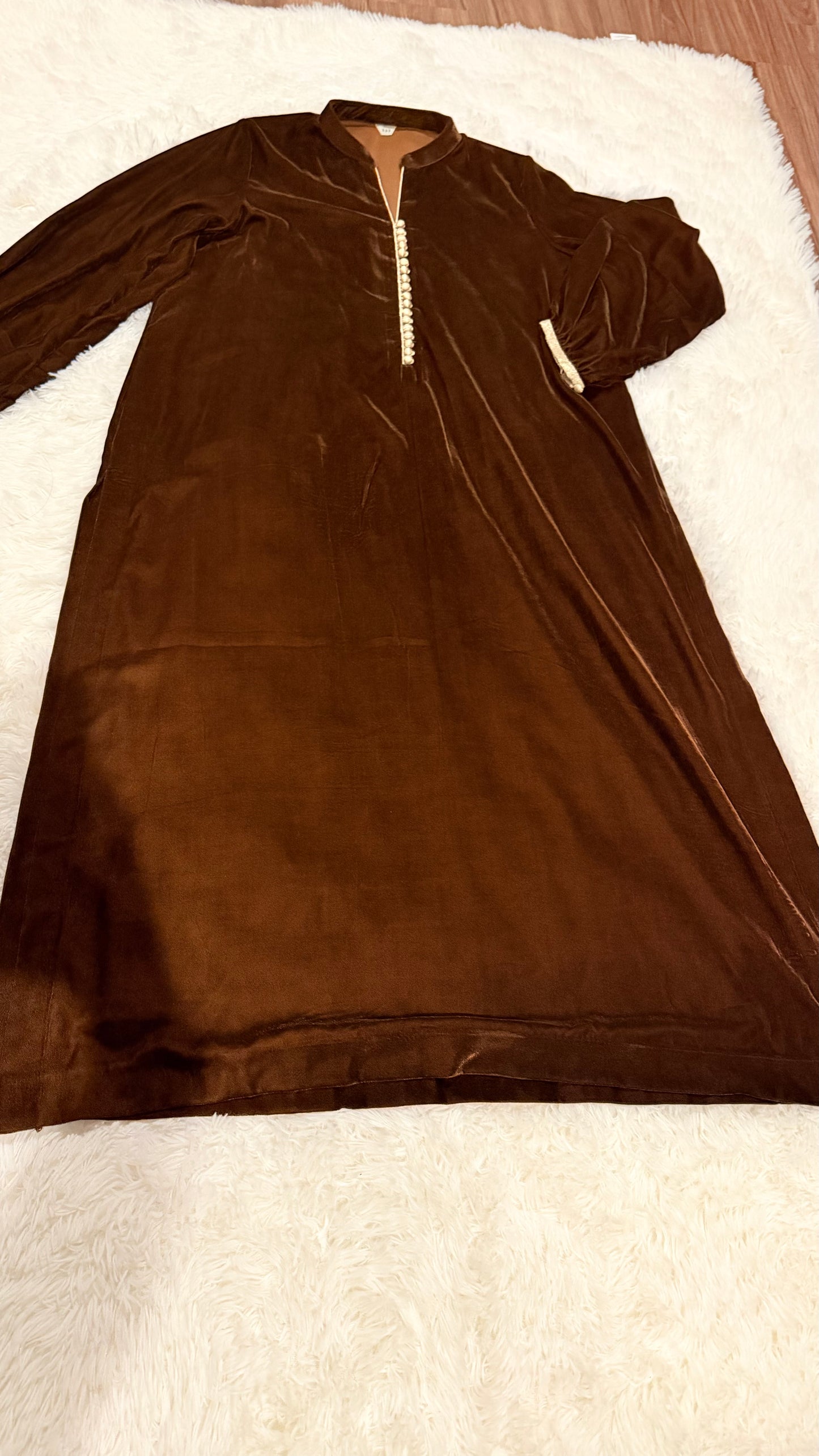 Sak Atelier Brown Velvet Suit with Gold Buttons on Neckline and Sleeves with Golden Trim