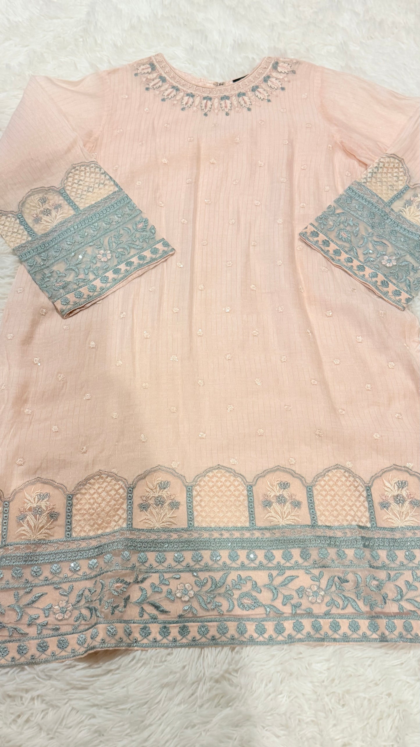 Cross Stitch Baby Pink Cotton Silk Kurta with Sequin work and Metallic thread on shirt