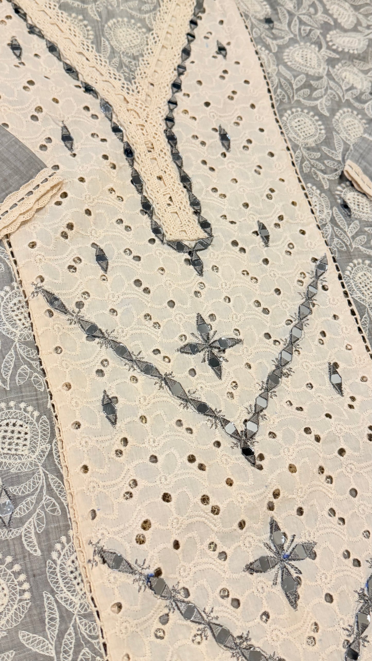 Amber Z Cotton Kurta with Heavy Embroidery in Off-white and Gray Color with Shisha (mirror) work throughout
