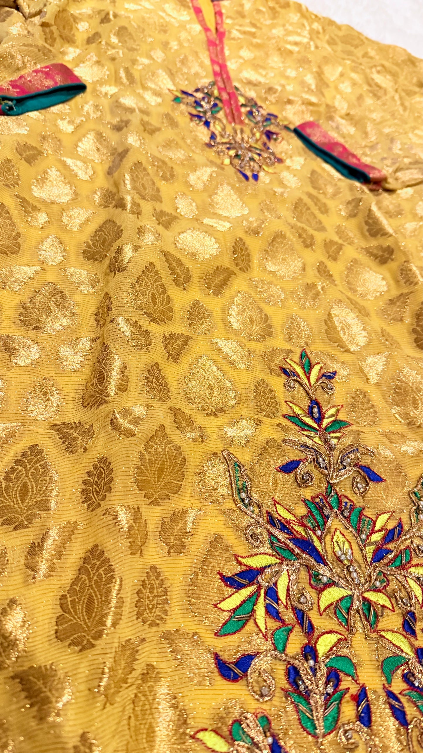 Nickie Nina Mustard/Golden Jamawar Shirt with Heavy Embroidery, Metallic Thread and Crystal Embelishments on the borders and Neckline
