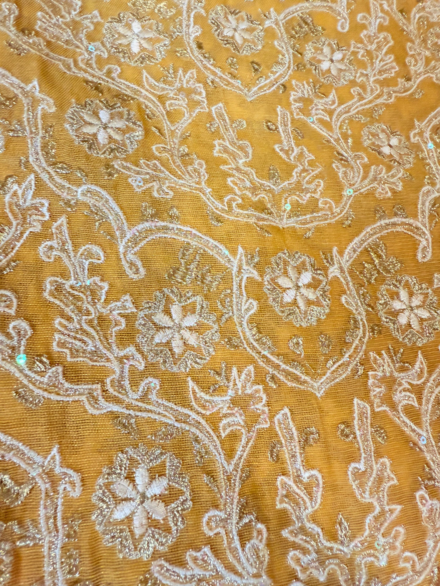 Sana Safinaz 2 Piece Mustard/Brown Cotton Silk Shirt with Metallic threads, sequins and pearls on neckline