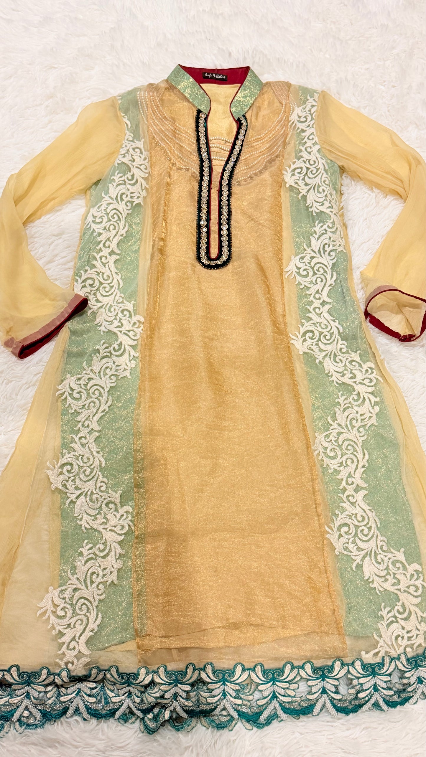 Asifa & Nabeel Chiffon Double Shirt with Beaded Embroidery on inside shirt
