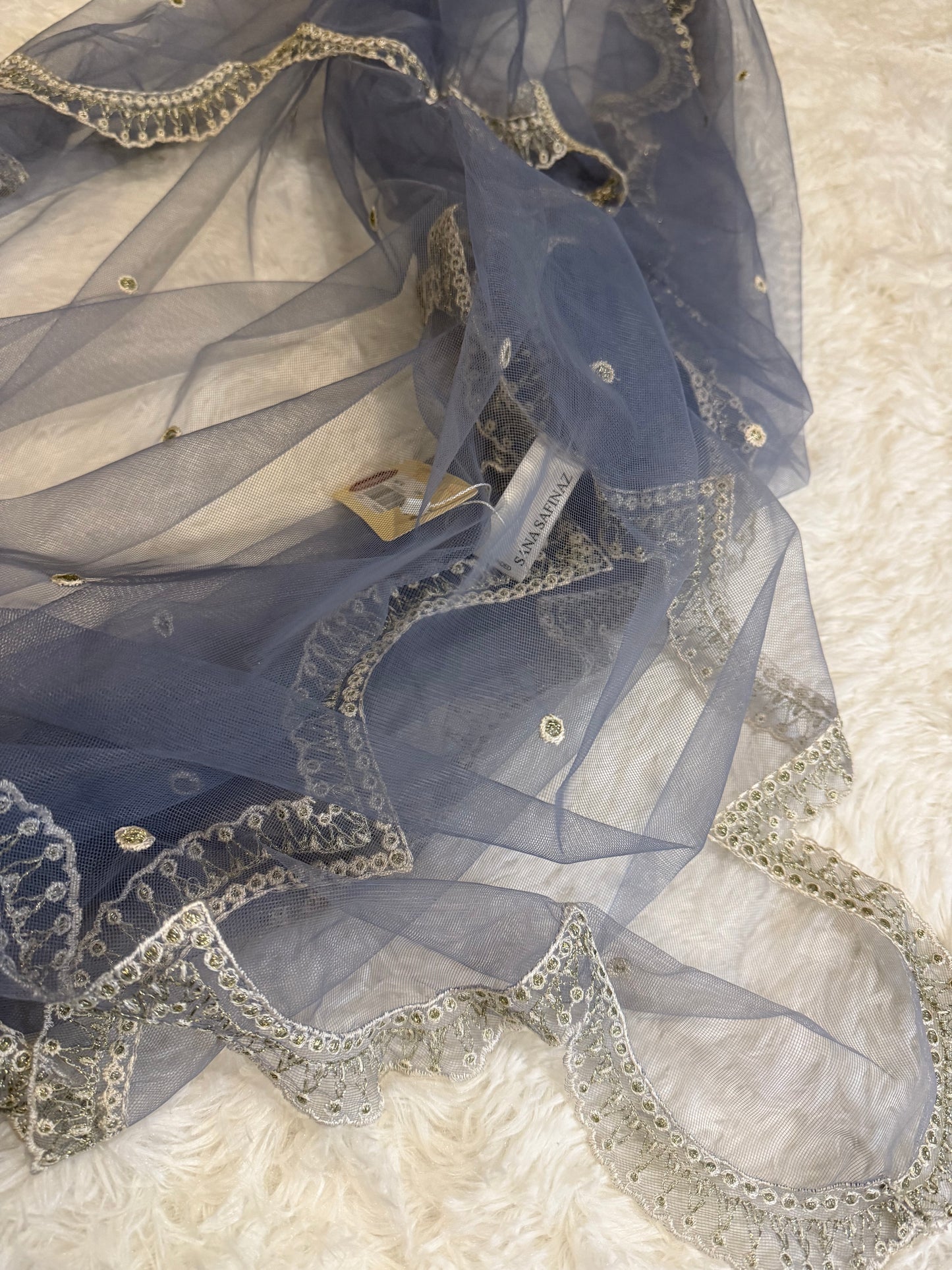 Sana Safinaz Net Dupatta in Blue with Gold and White Embroidery