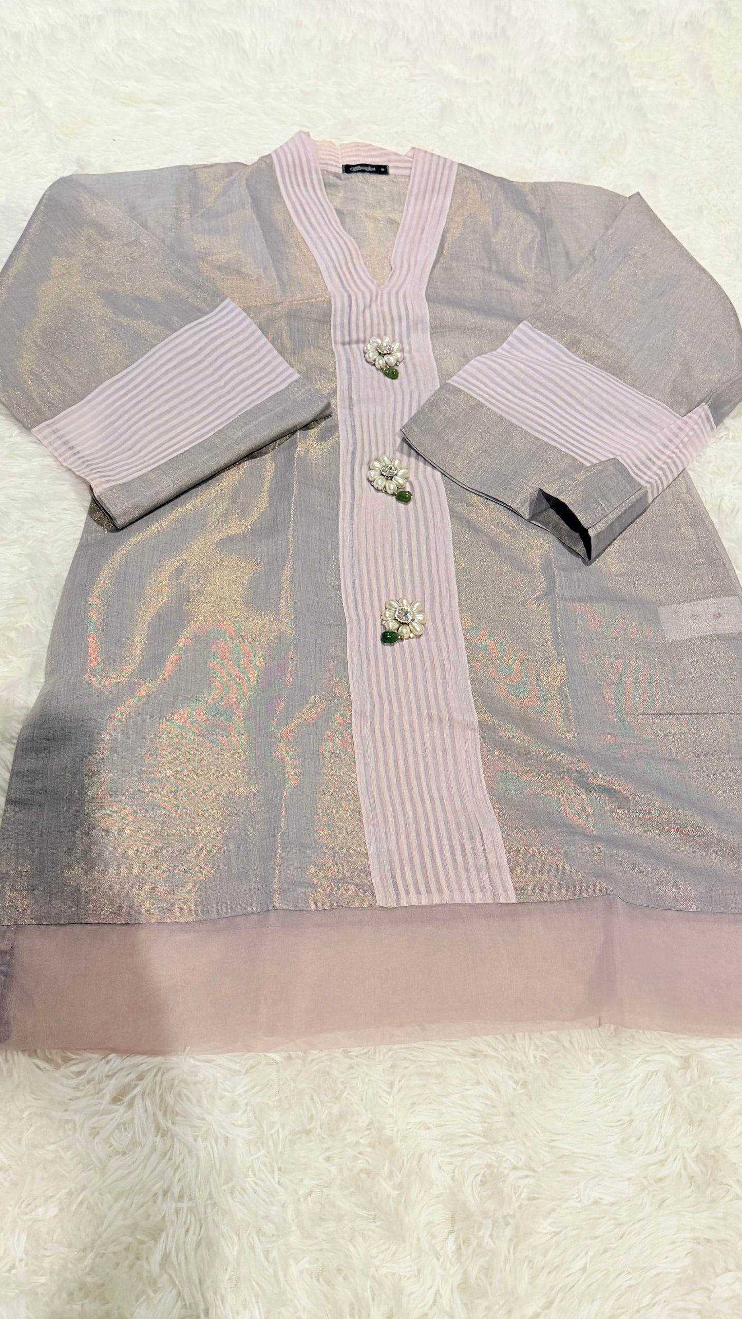 Cross Stitch Cotton Silk Shirt with Metallic Shimmer in Lavender with Pearl Embellishments along front and Organza Hem