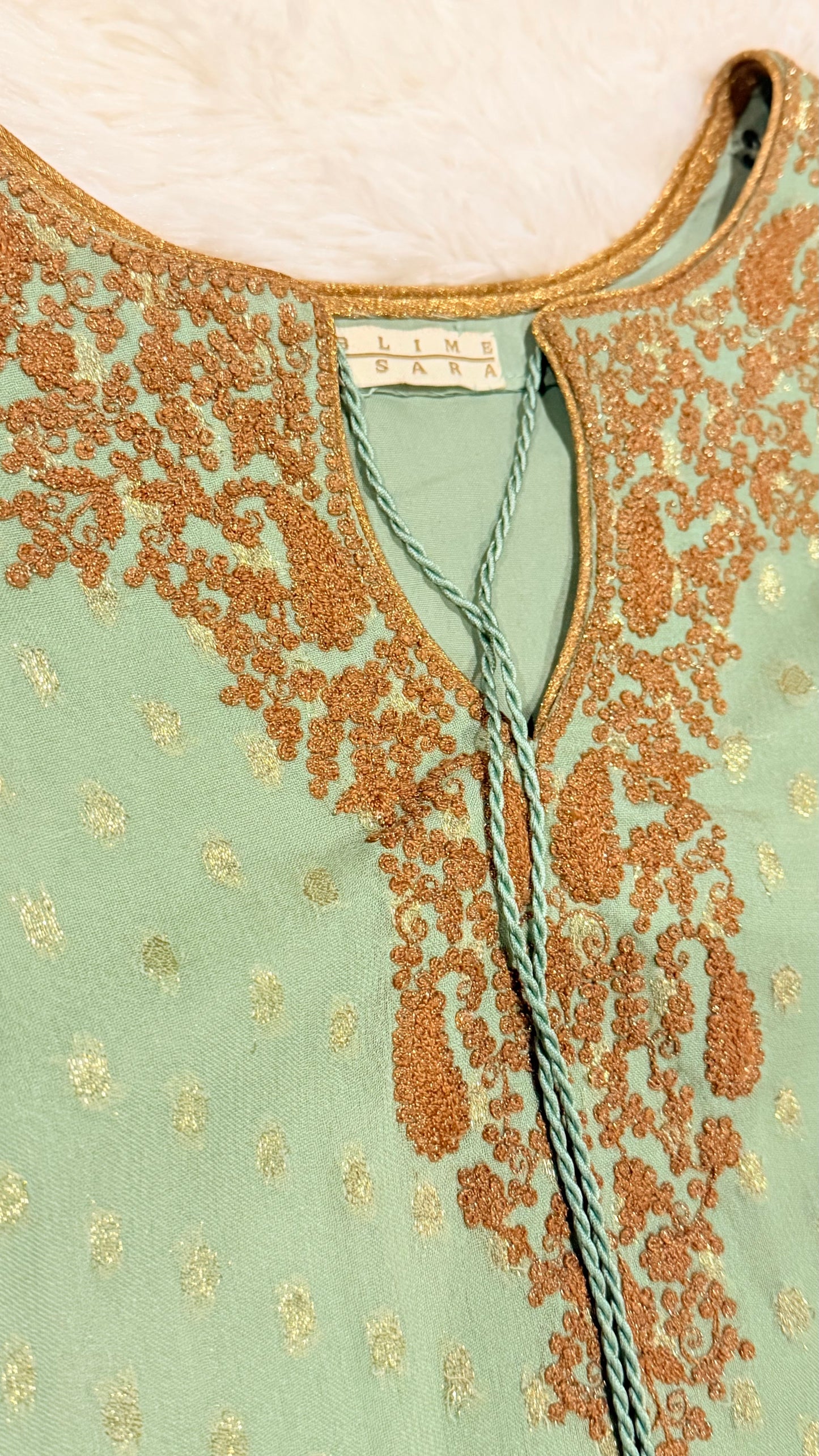 Sublime by Sara Green Chiffon Jamawar Long Shirt with Golden trim and Golden Beads on Neck Tie