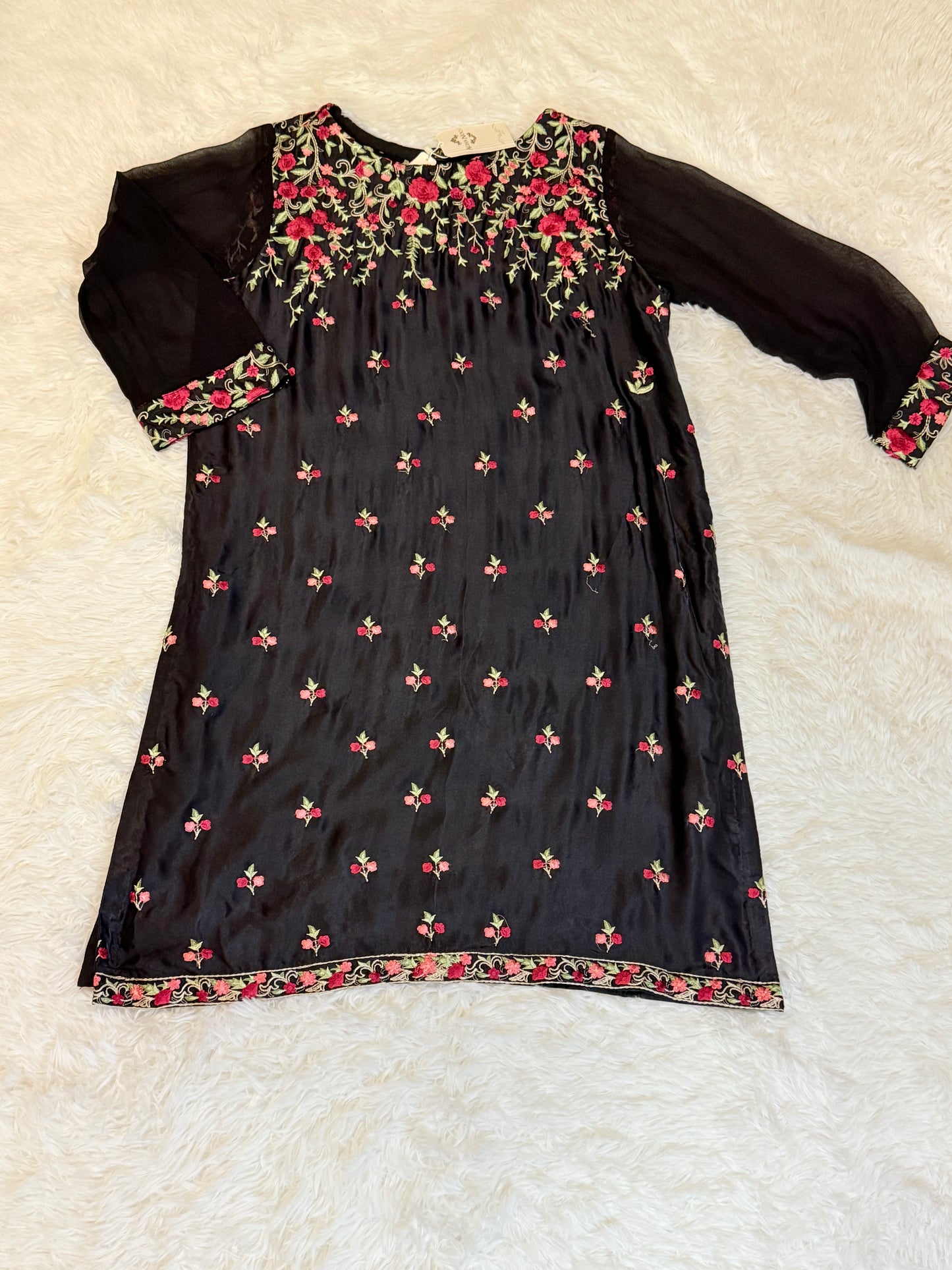 Agha Noor Black Silk Embroidered Shirt with Chiffon Sleeves