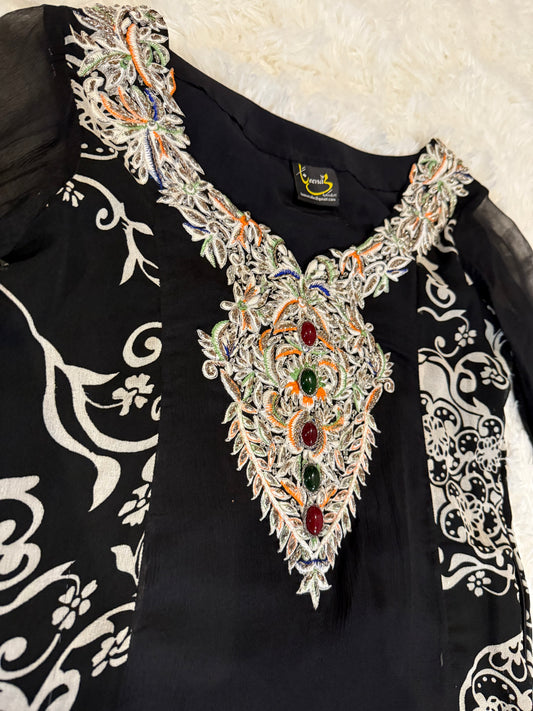 Zeenat by Hina Butt Black Chiffon Anarkali Style Suit with Pajama Pants and “Chinyere” Sleeves