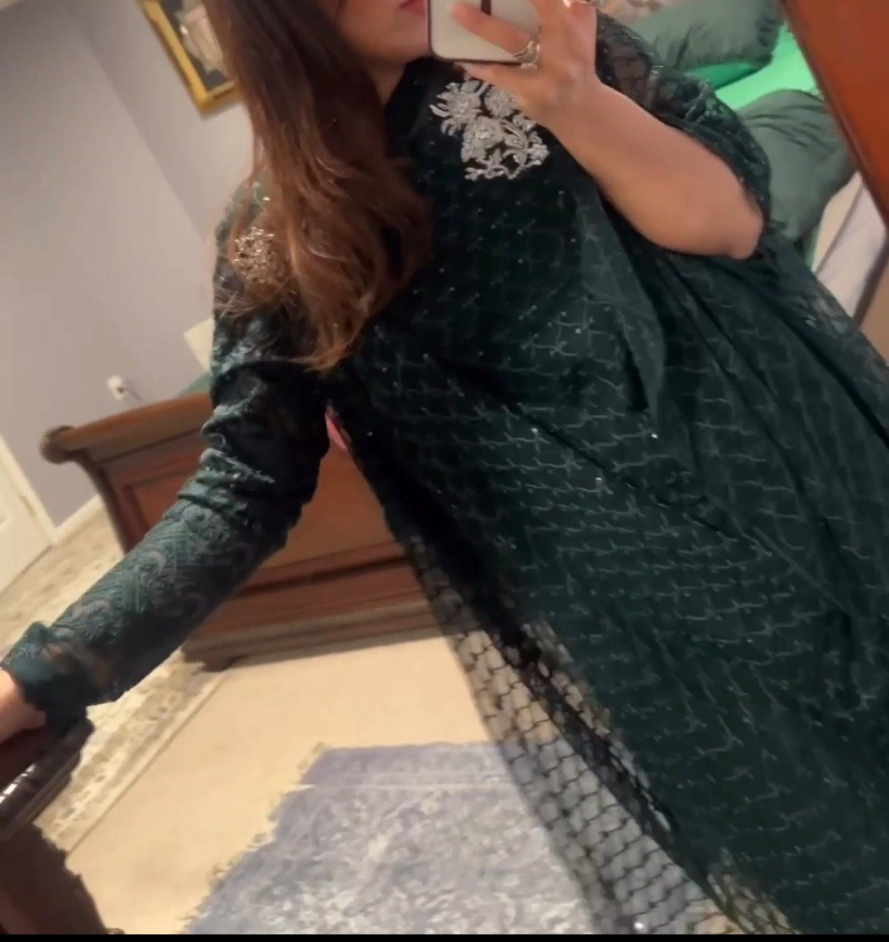 Zainab Chottani Green Asymmetric Poncho with Green Camisole and Straight Pants