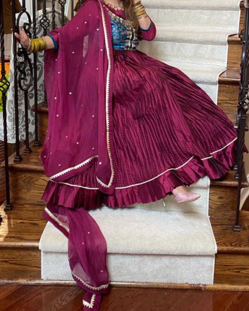 Fatima Khan Burgundy Silk Anarkali with Dupatta