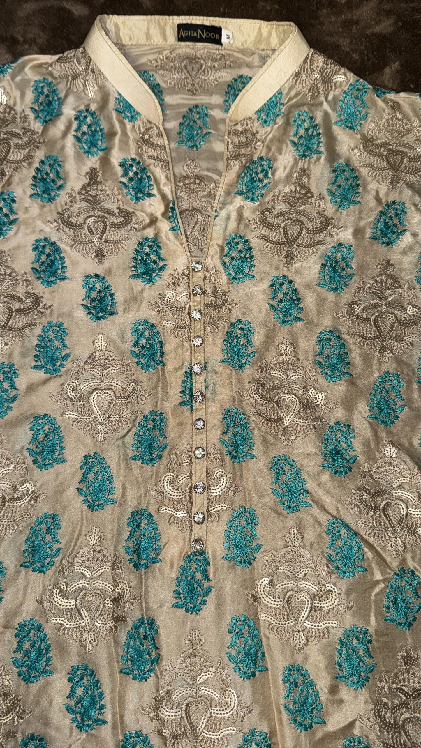 Agha Noor Beige Kurta with Teal and Beige Embroidery