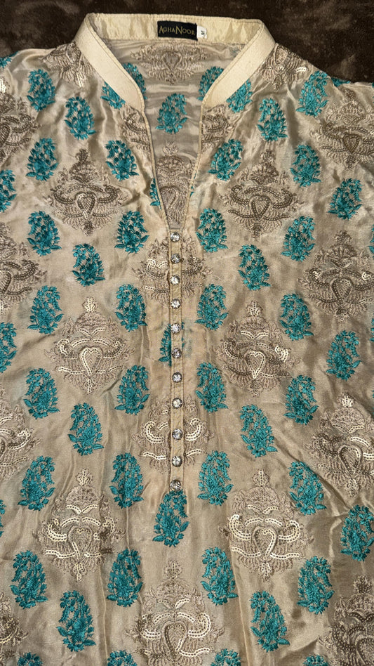 Agha Noor Beige Kurta with Teal and Beige Embroidery