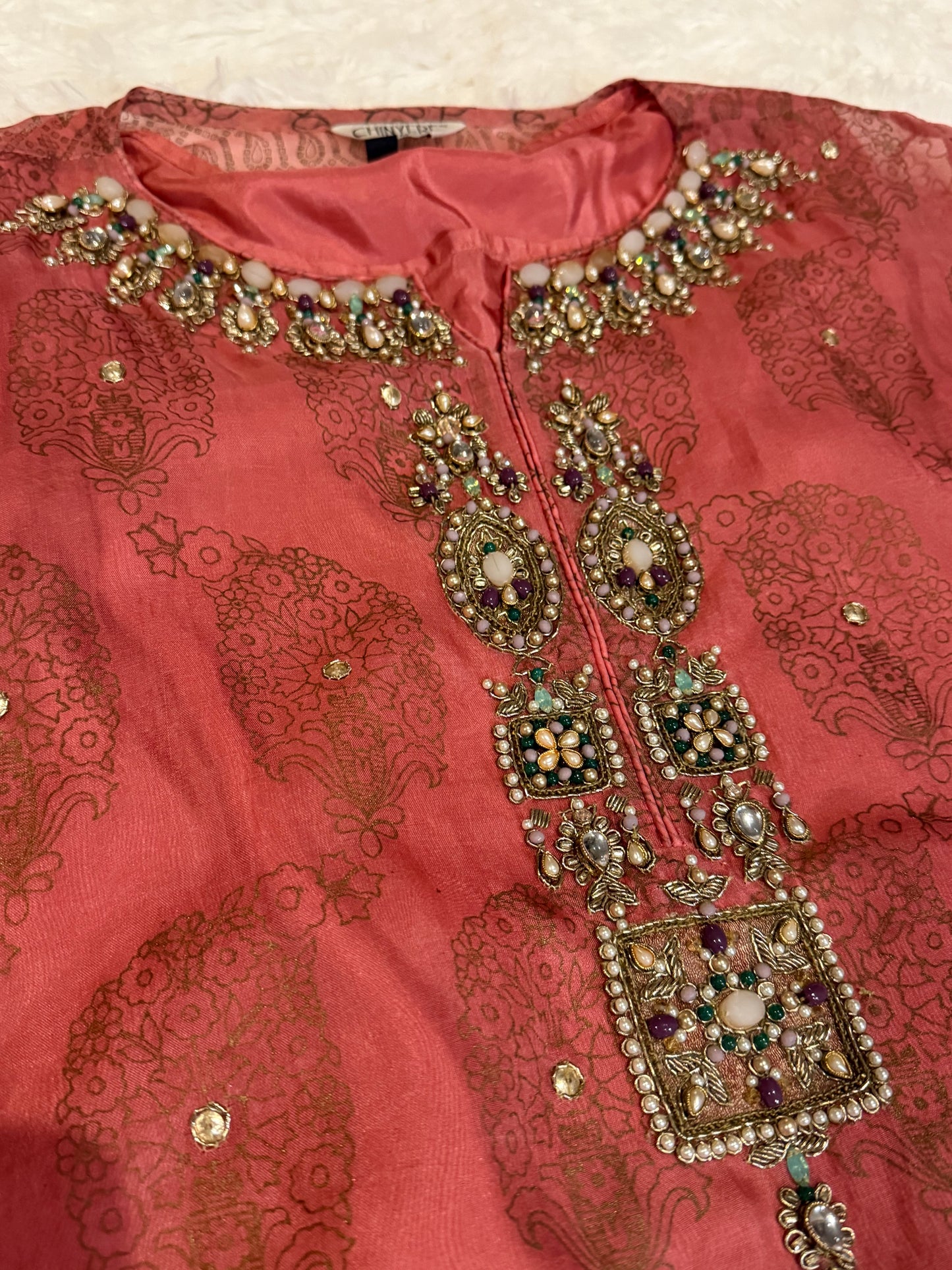 Chinyere Tea Pink Box Cut Top with Golden Block Printing and Beautiful Gota and Stone Embroidery