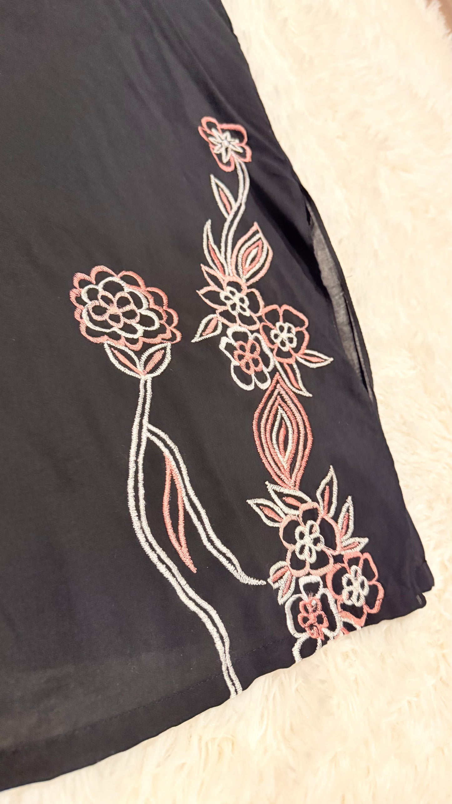 Karma Nation Black Slub Cotton Kurta with Pink and White Embroidery & Gold Buttons