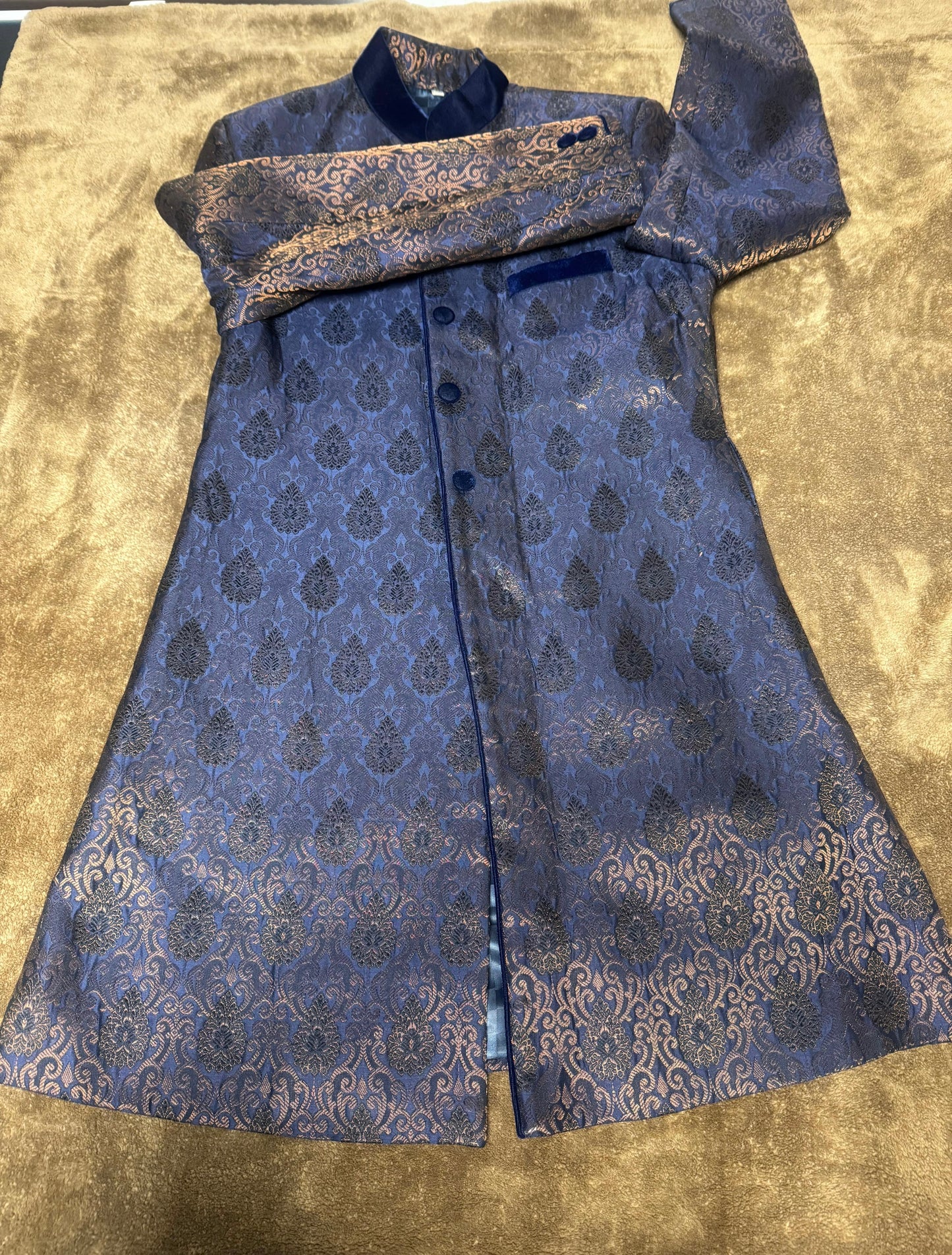 Navy and Bronze Two Toned Jamawar Shirwani