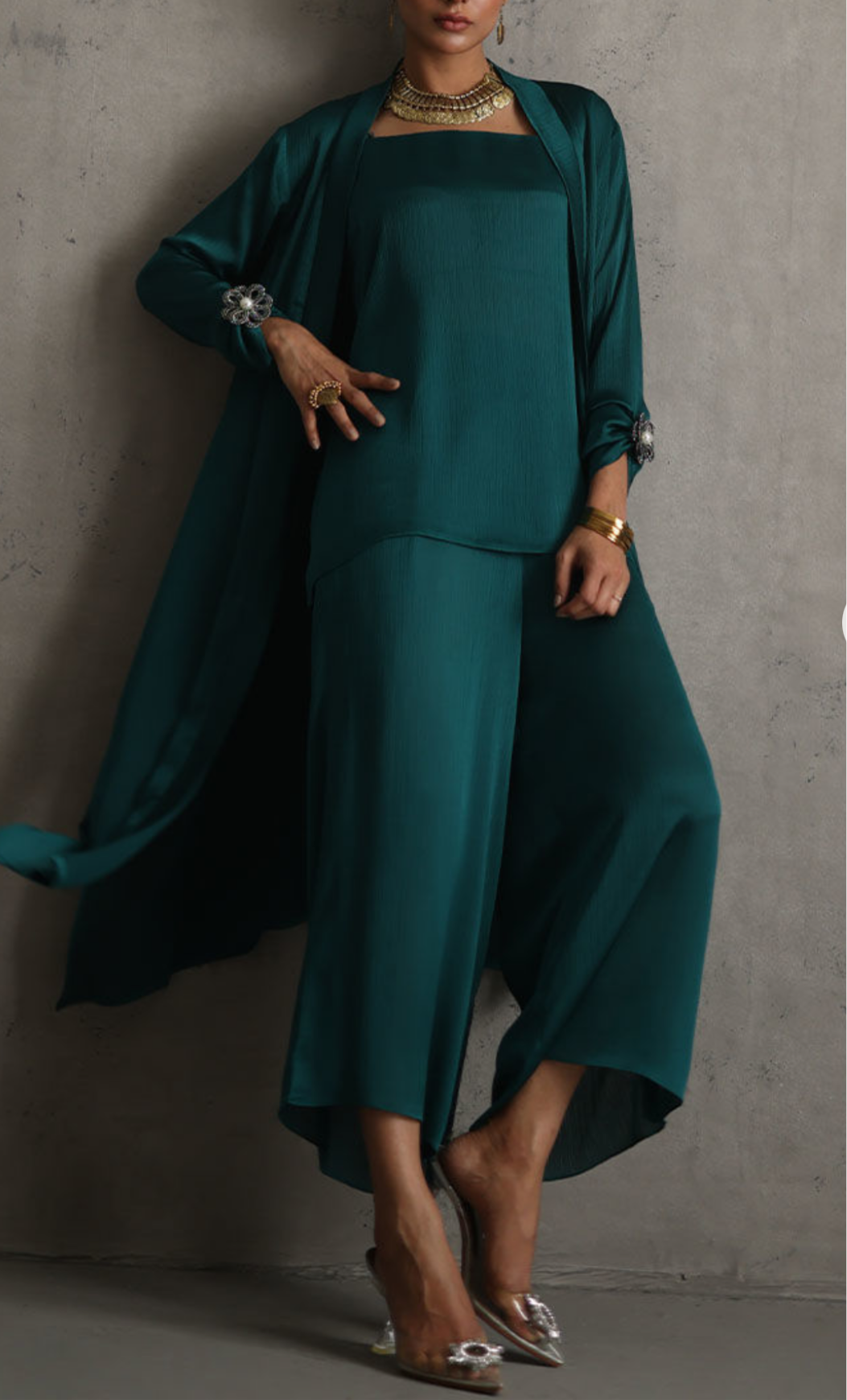 Rozina Munib Fusion Suit in Green with Accent on Sleeves