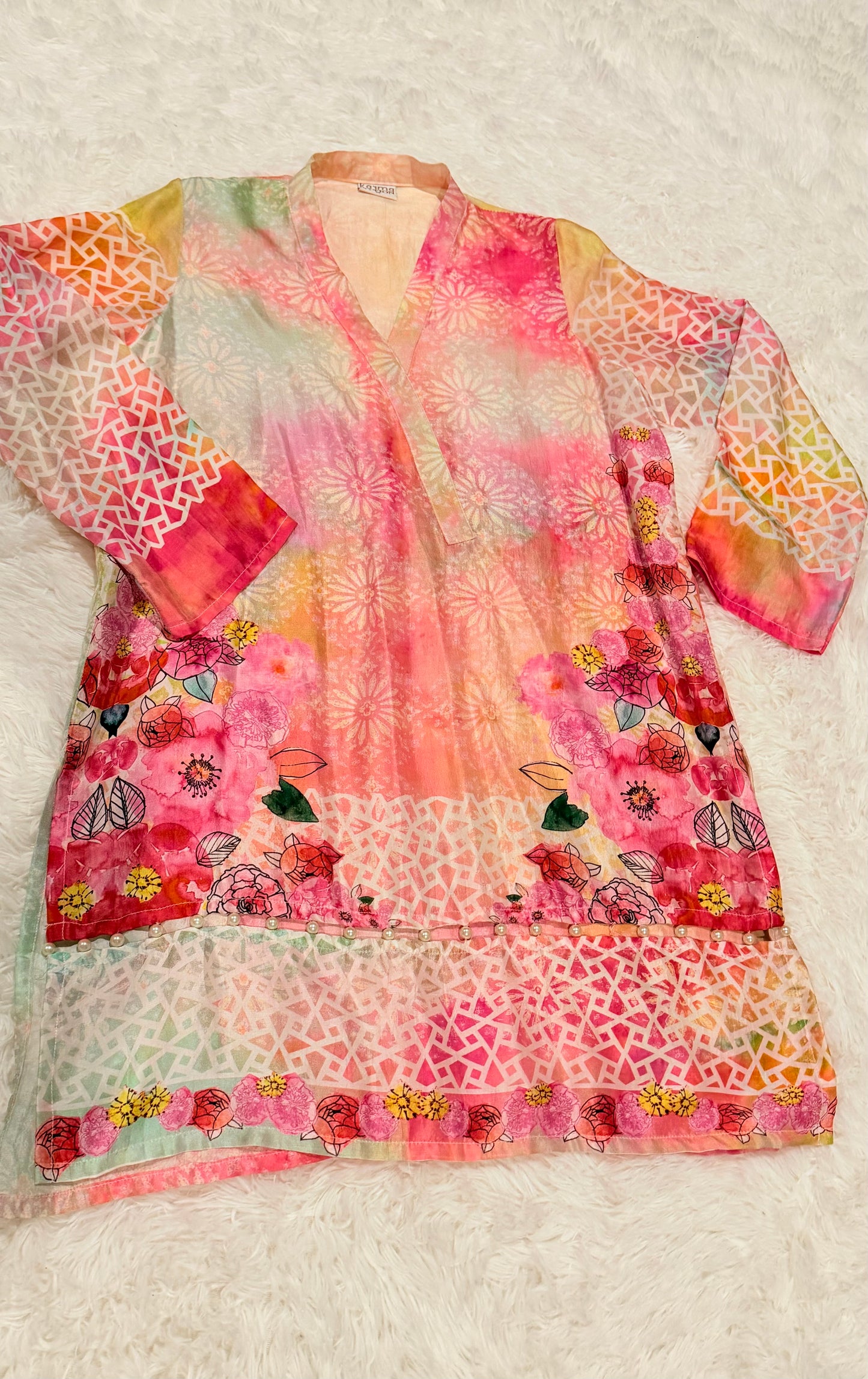 Karma Floral Silk Kurta with Pearl Detailing