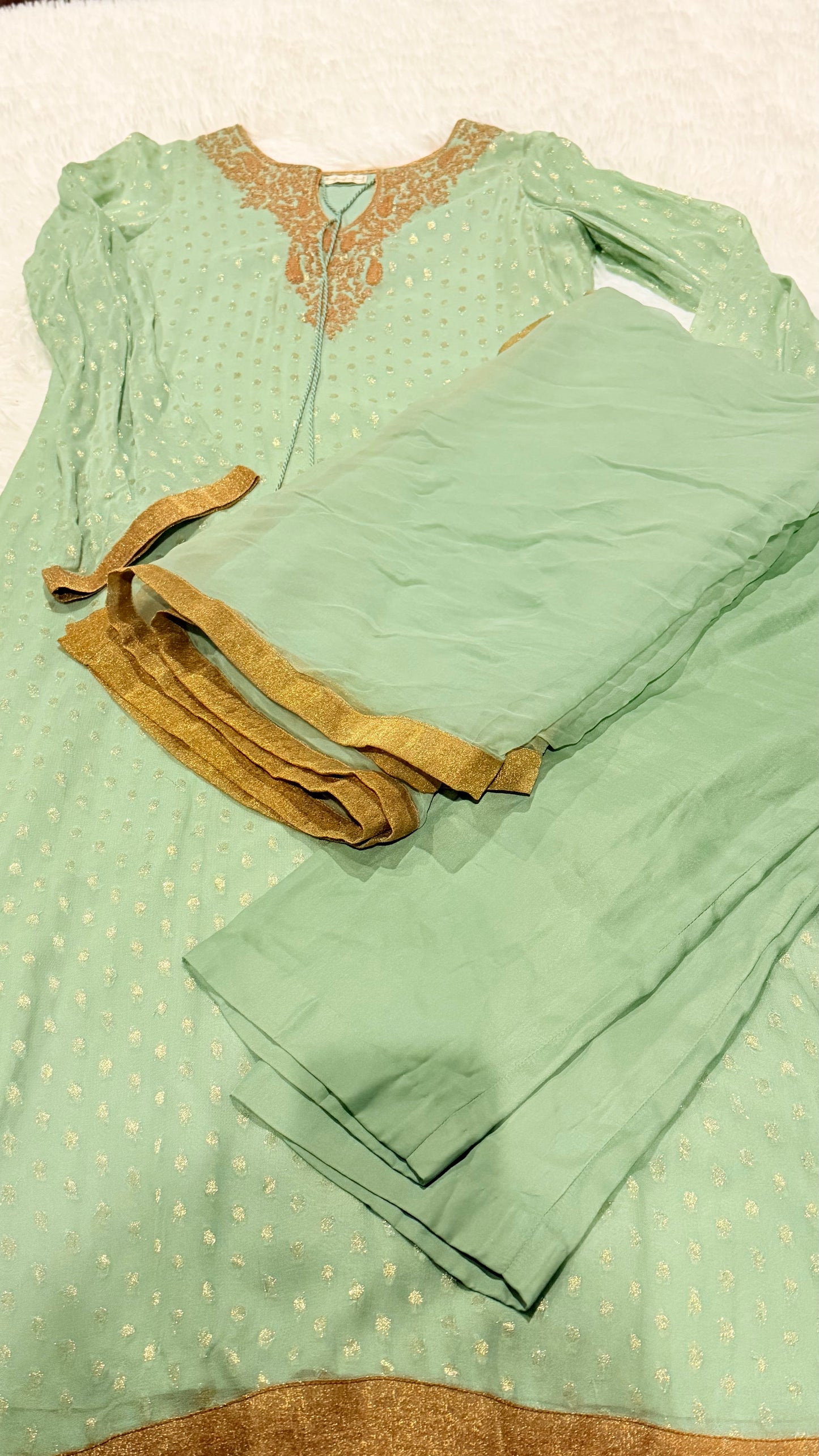 Sublime by Sara Green Chiffon Jamawar Long Shirt with Golden trim and Golden Beads on Neck Tie