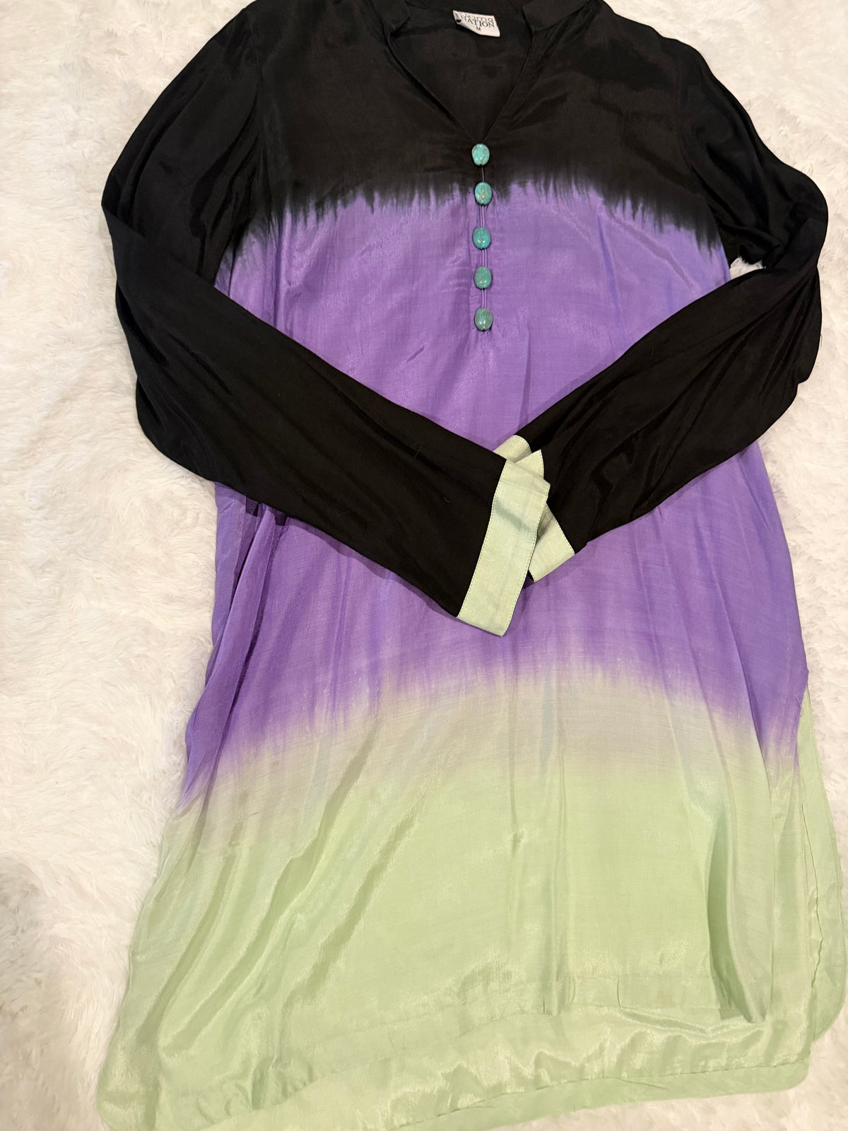 Karma Black Silk Tie & Dye style shirt with Turquoise buttons