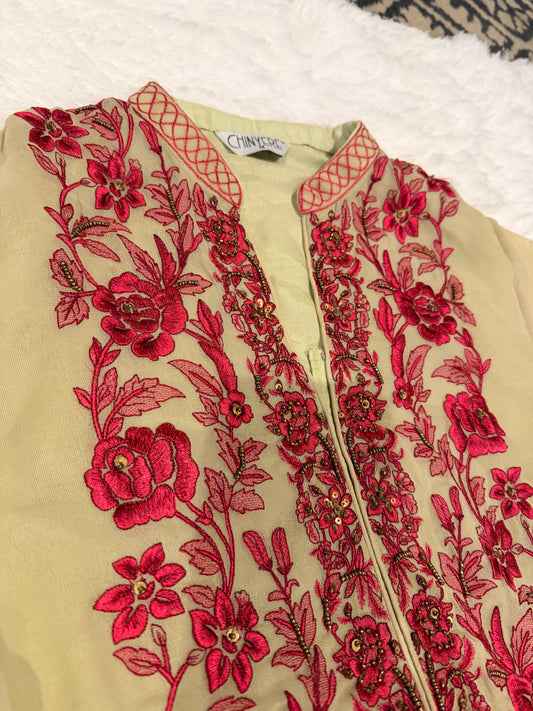 Chinyere Beige/Light Green Shirt with Magenta/Maroon Thread embroidery and golden bead accents throughout.