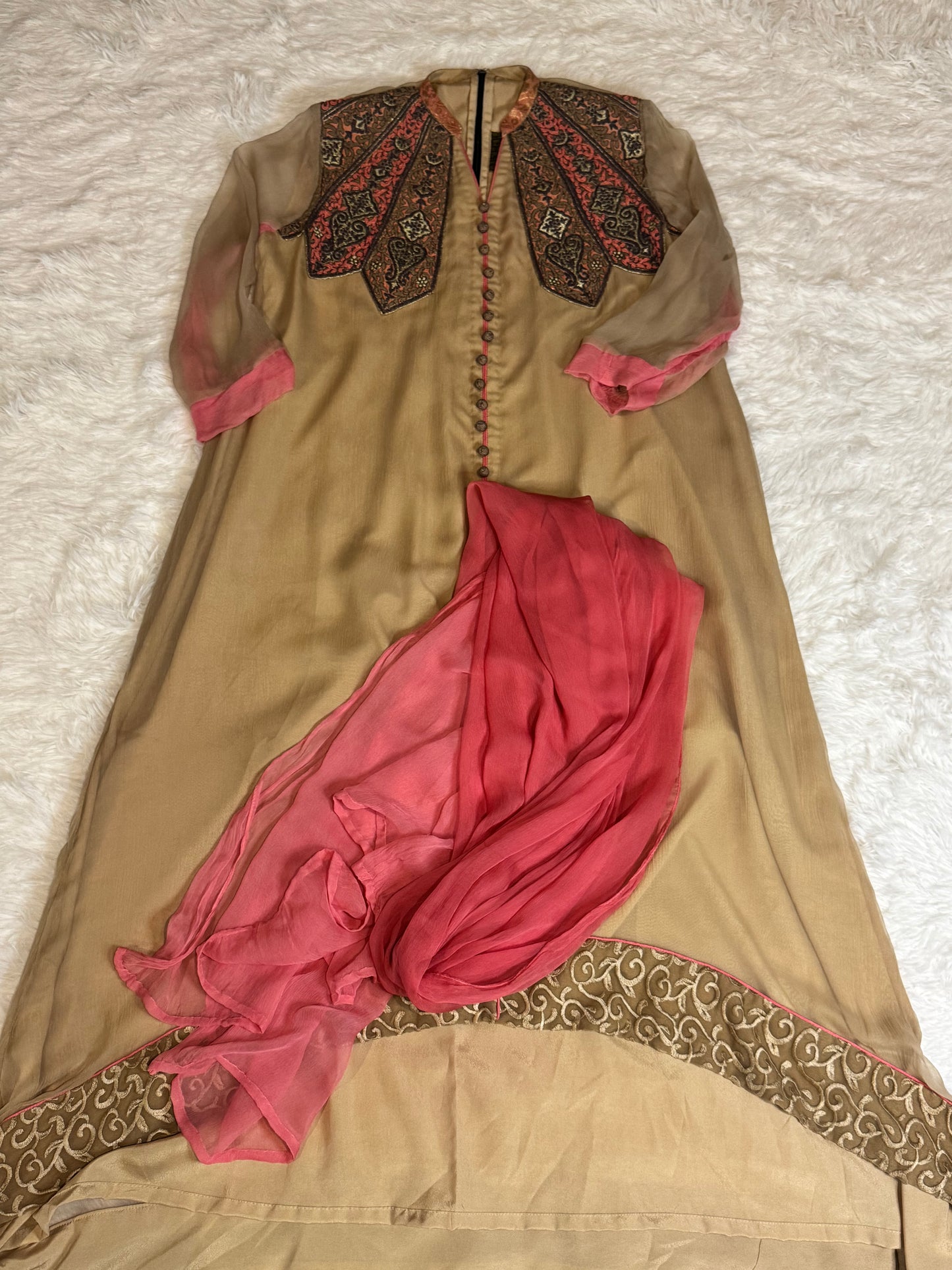 Mehdi Hi-Lo Chiffon Long Kameez with Embroidery and Dupatta