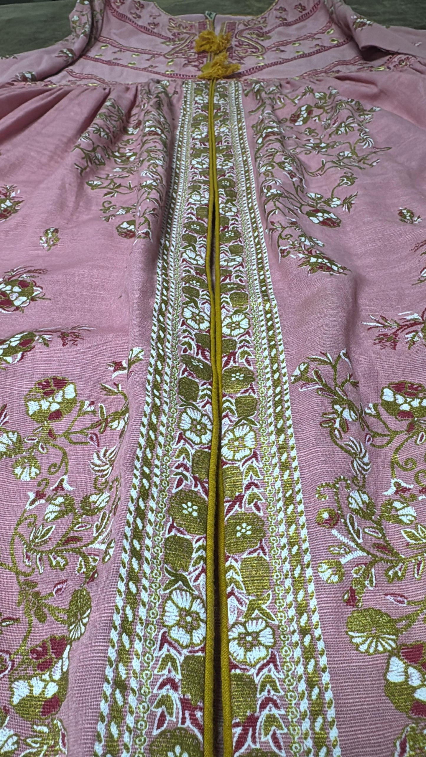 Ethnc Pink and Gold A-line Cotton Silk Frock with Embroidery, Mirror Work and Painted Design