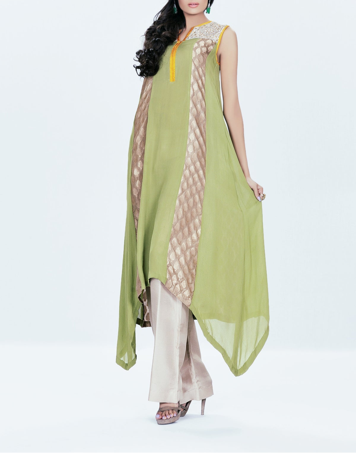 Karma Chiffon and Jamawar Drop Corner Kameez with Dupatta