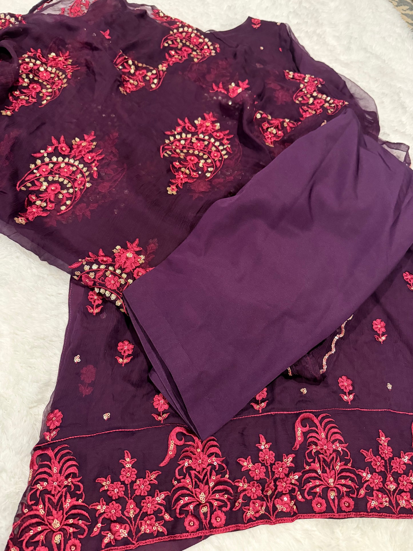 Agha Noor Deep Purple Chiffon Shirt with Magenta Embroidery and Golden Sequins.
