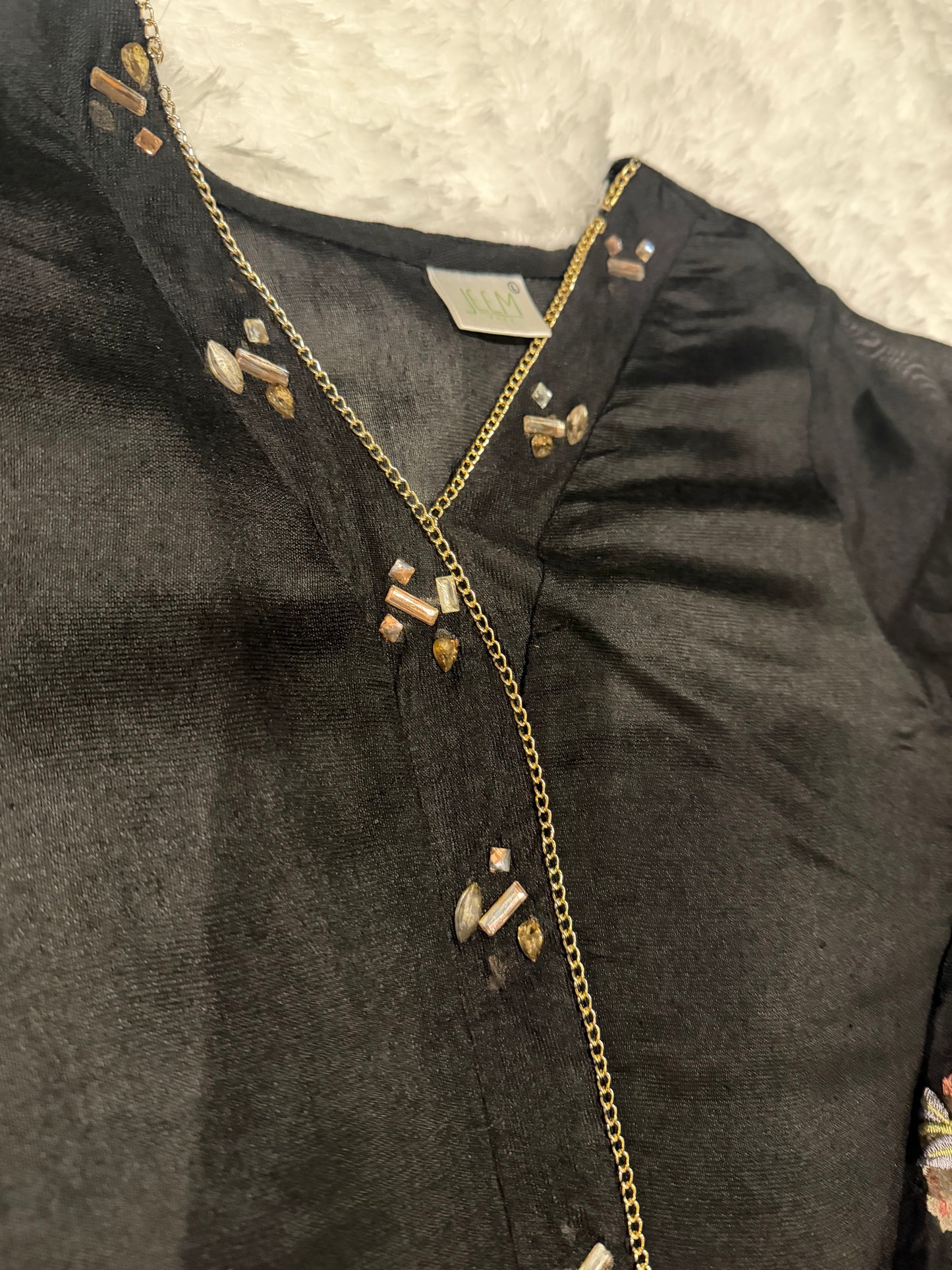 Jeem Black Cotton/Silk blend Shirt with accents on neckline and Embroidery on Sleeves and border.