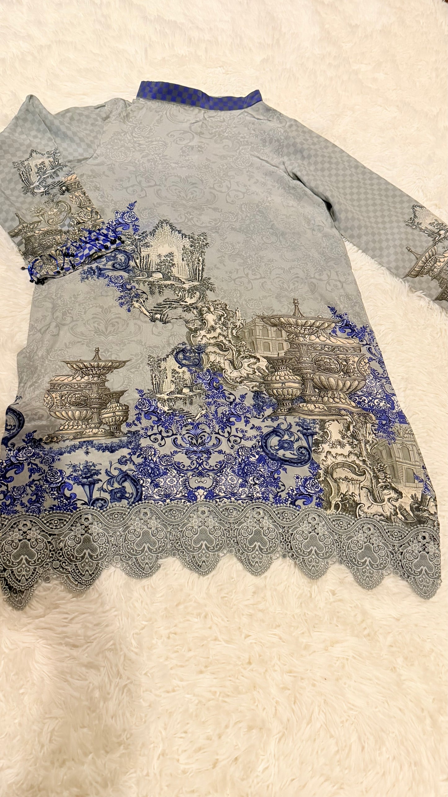 Cross Stitch Silk Shirt with Hi Neck Collar, Pearl Fringe on Sleeves and Lace trim on hem