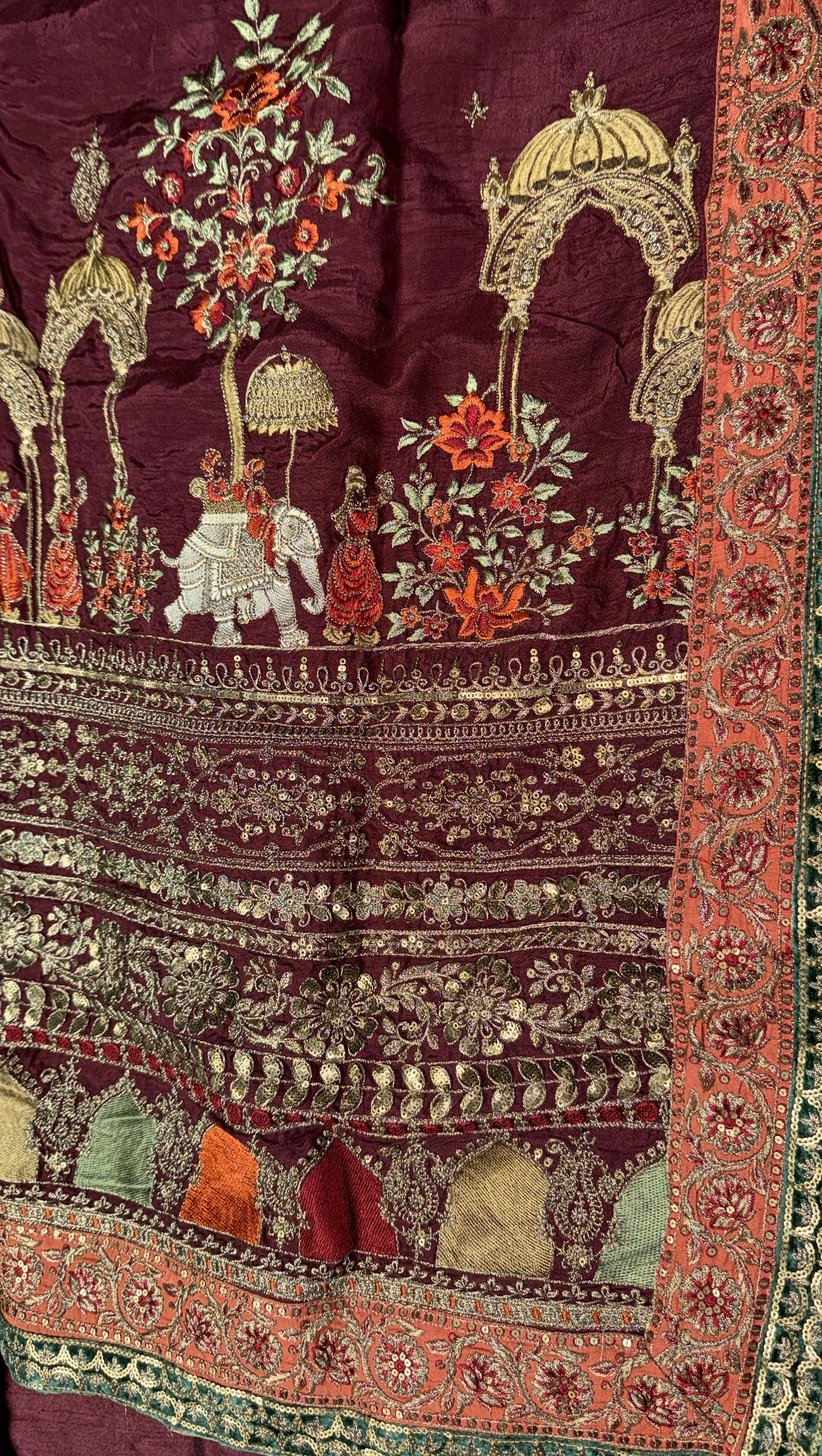 Maria B Burgundy/Maroon Silk Anarkali with Straight Pants and Heavily Embroidered Duputta