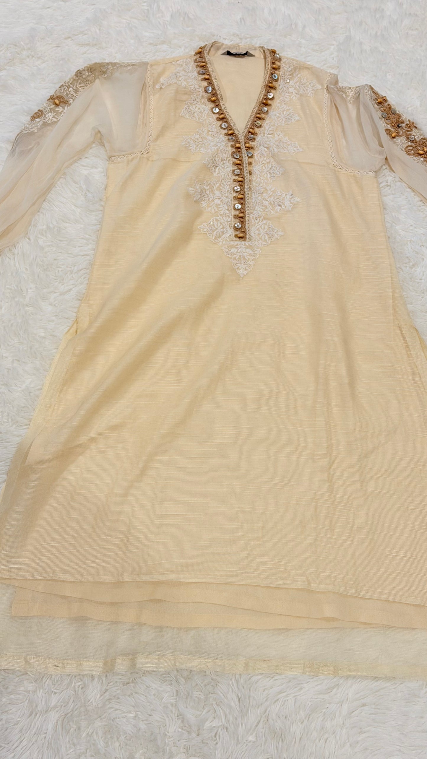 Maria B Cotton Net Cream Shirt with Emboirdery on front and Chiffon Balloon Sleeves with Embroidery on the side.