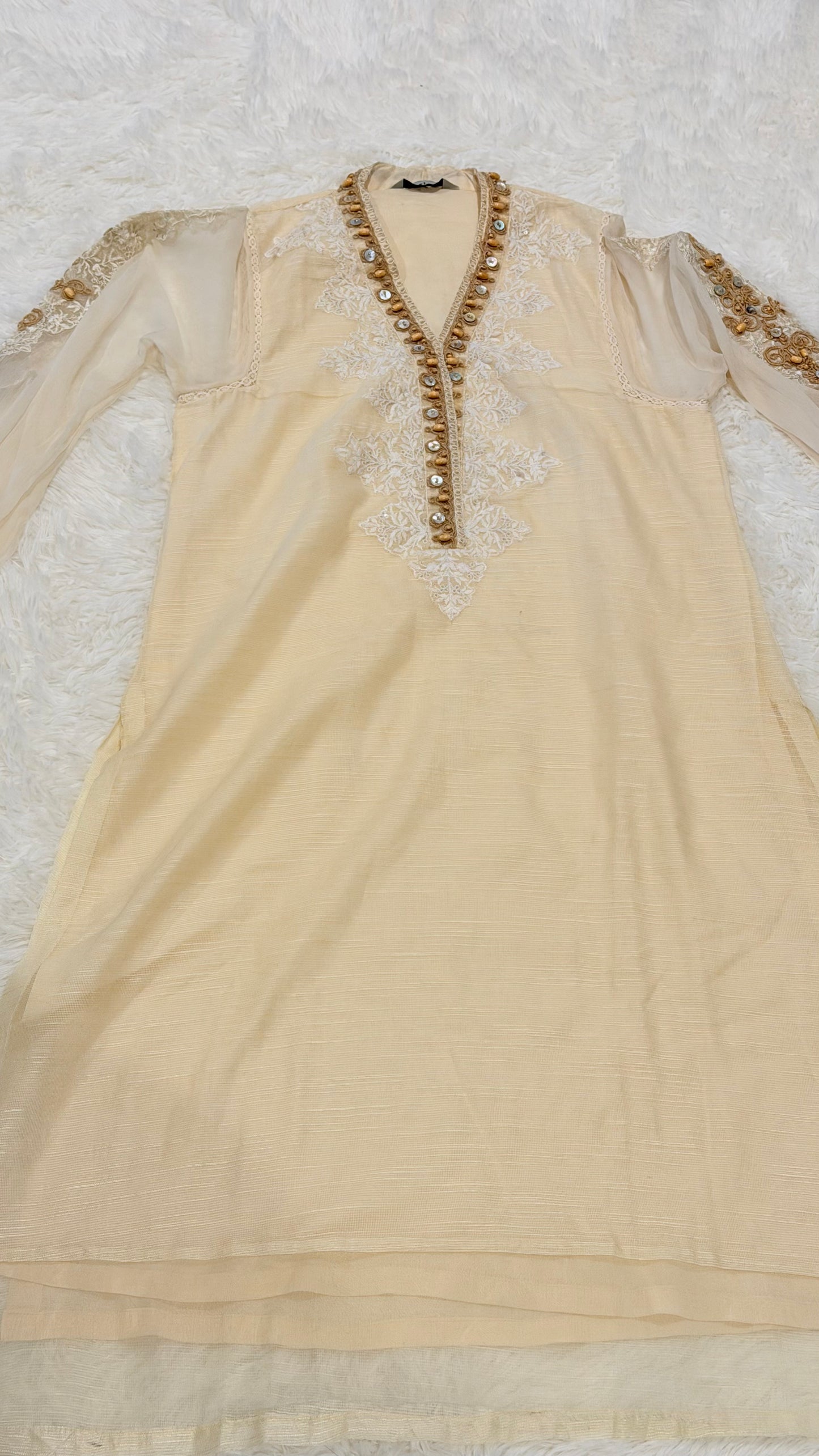 Maria B Cotton Net Cream Shirt with Emboirdery on front and Chiffon Balloon Sleeves with Embroidery on the side.