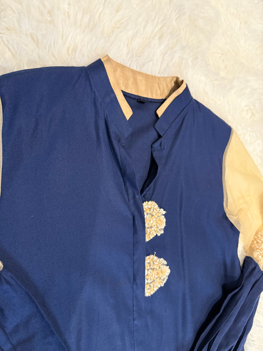 Asifa Nabeel Navy overlap style shirt with Golden Brown Embroidery and Half Lace Sleeves
