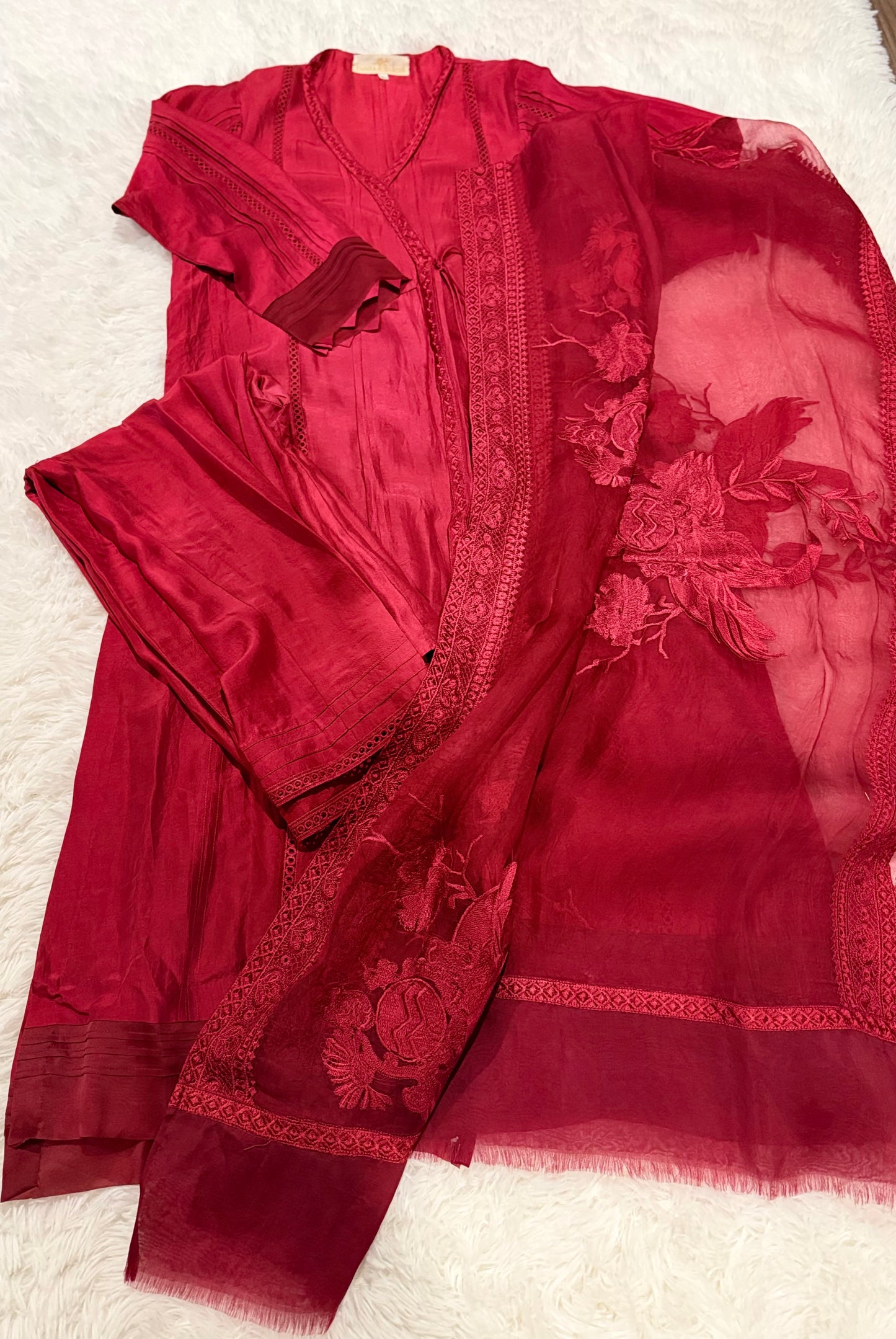Sumaira Aurangzeb Red Pure Silk Angrakha Cut shirt with straight pants and beautifully embroidered dupatta