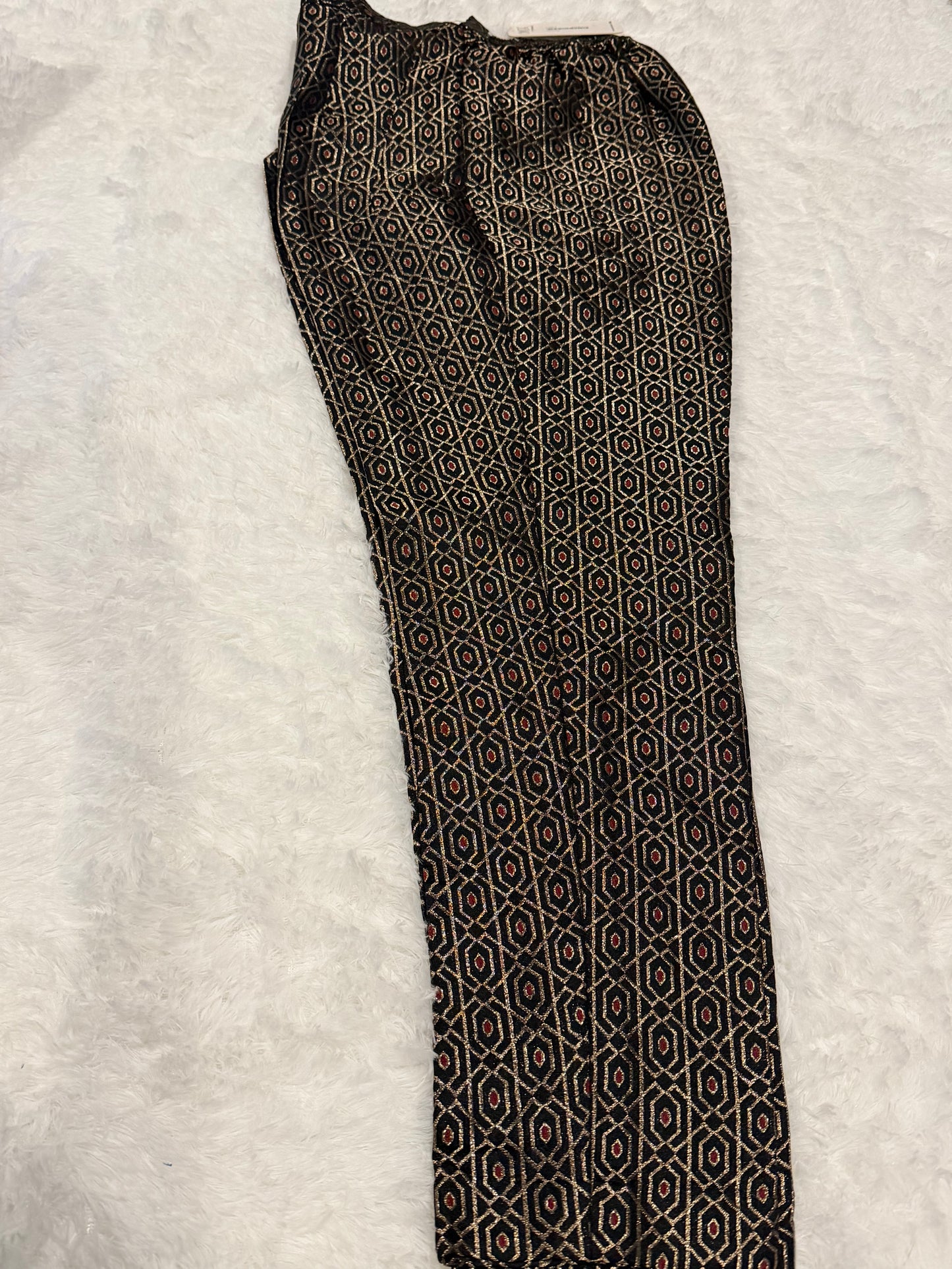 Chinyere Formals Black Silk/Jamawar Pants with Golden and Red Print