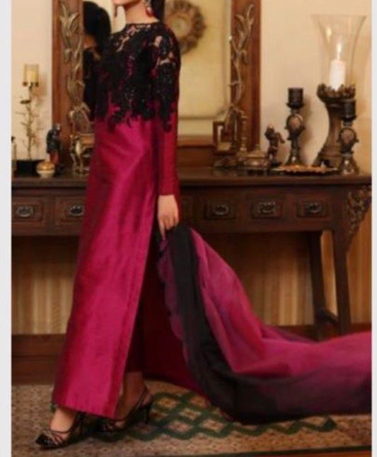 Musferah Saad Maroon Suit with Black Embroidery