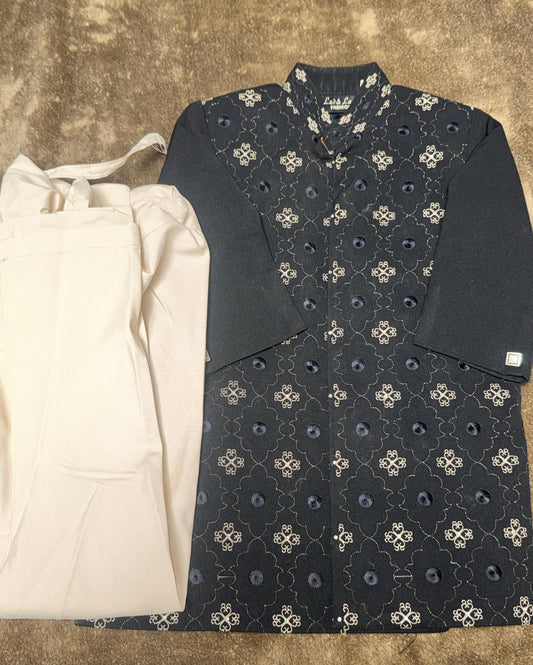 Boys Black Shirwani Suit with Beige Churidaar Pants - 2Y