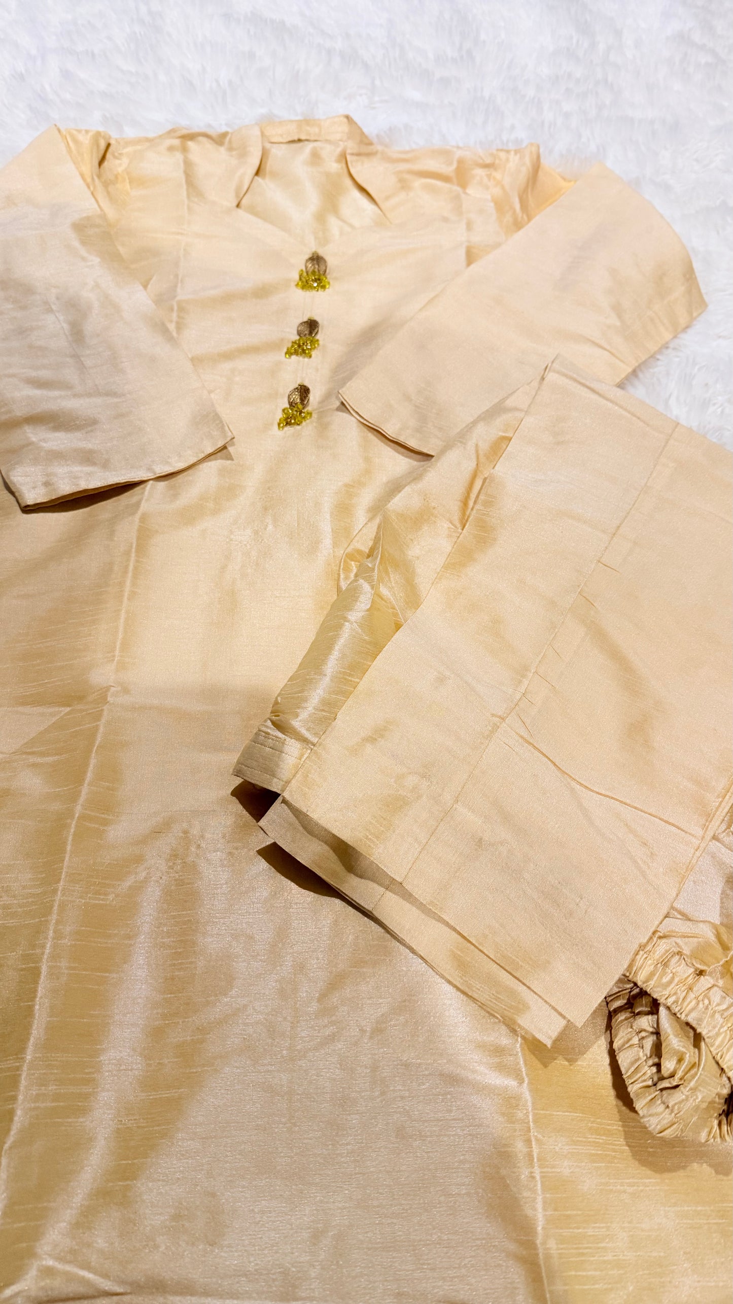 Light Golden Beige Raw Silk Suit withMetal and Crystal ornaments on neckline, comes with pants