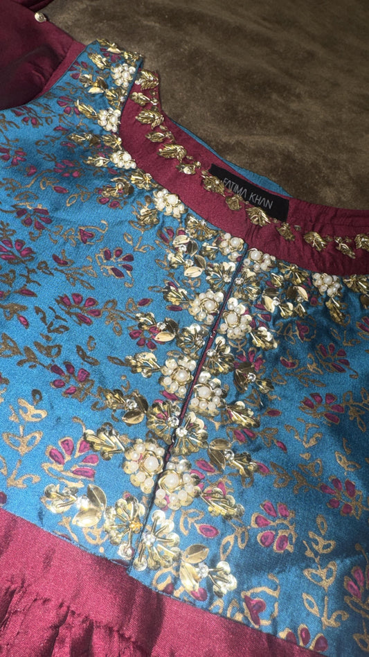 Fatima Khan Burgundy Silk Anarkali with Dupatta