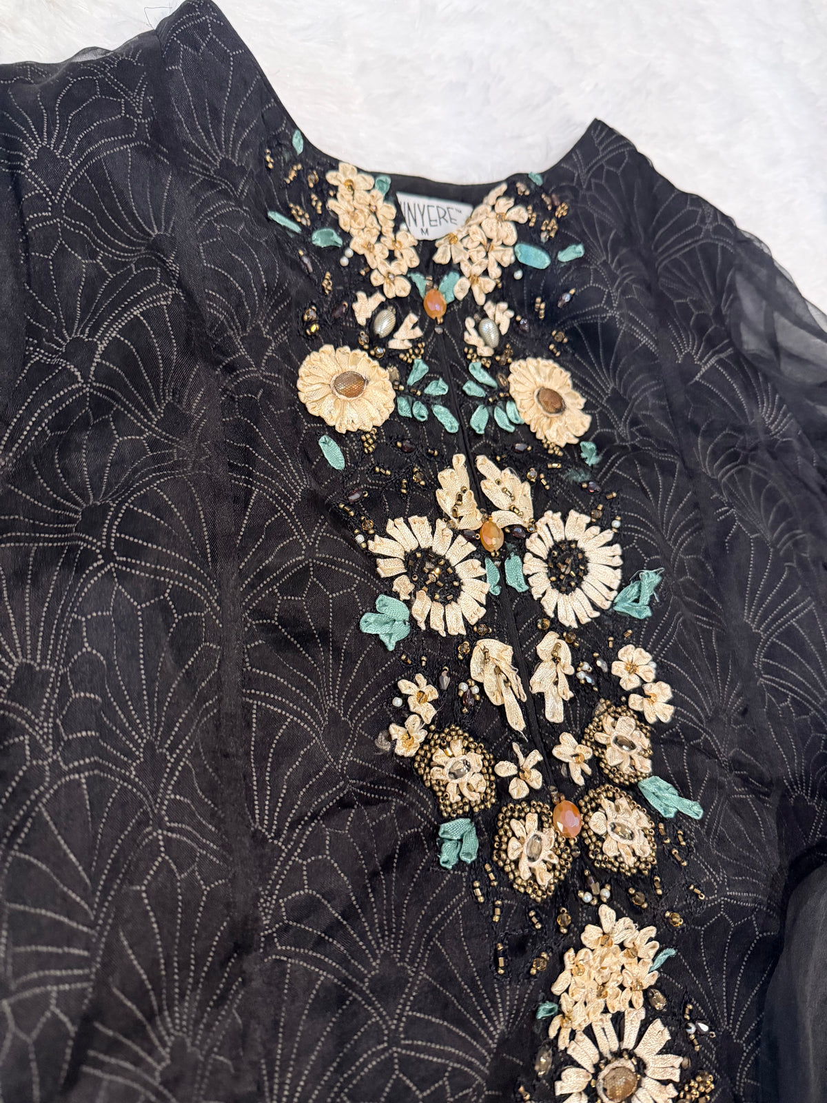 Chinyere Black A-Line Organza/Net Shirt with Heavy embroidery on neckline