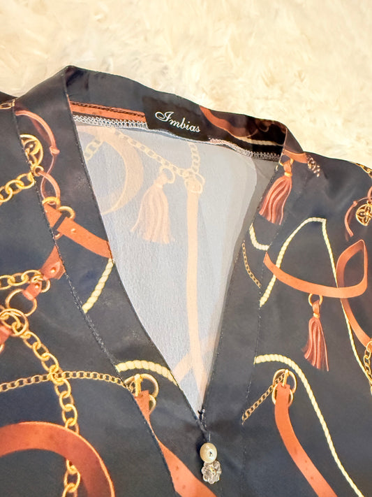 Imbias Black, Brown , and Dull Gold poncho shirt with Equestrian theme print