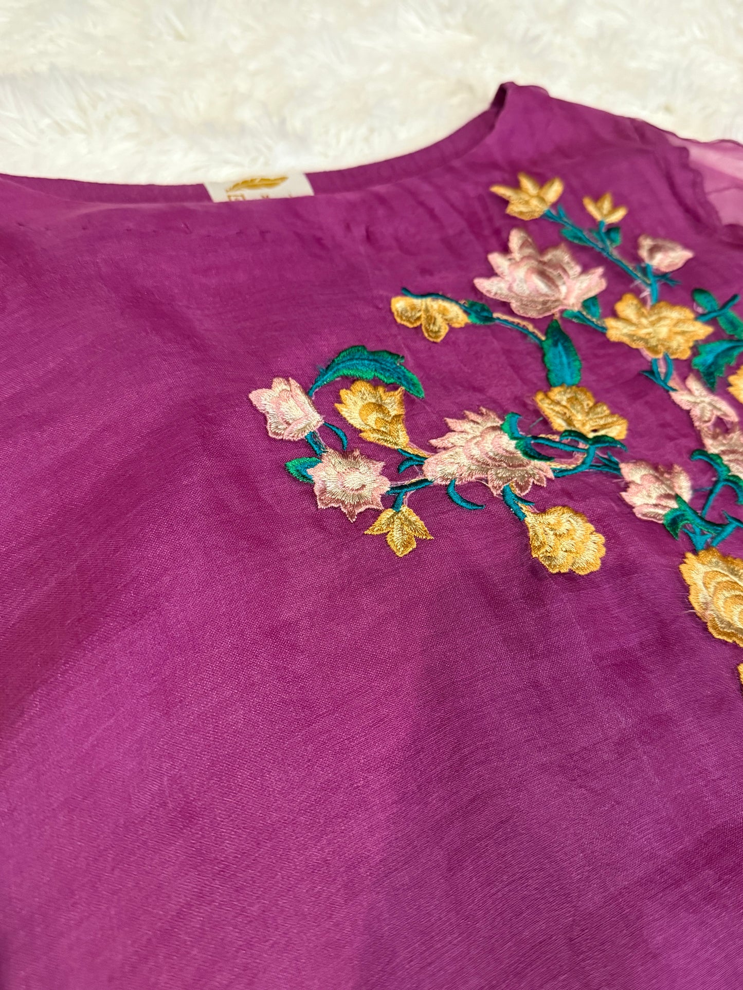 FPL Fuchsia Kameez with Green, Peach & Yellow Embroidery with Bronze Sequins