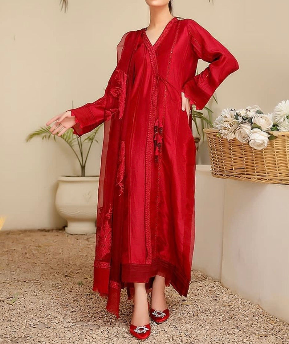 Sumaira Aurangzeb Red Pure Silk Angrakha Cut shirt with straight pants and beautifully embroidered dupatta