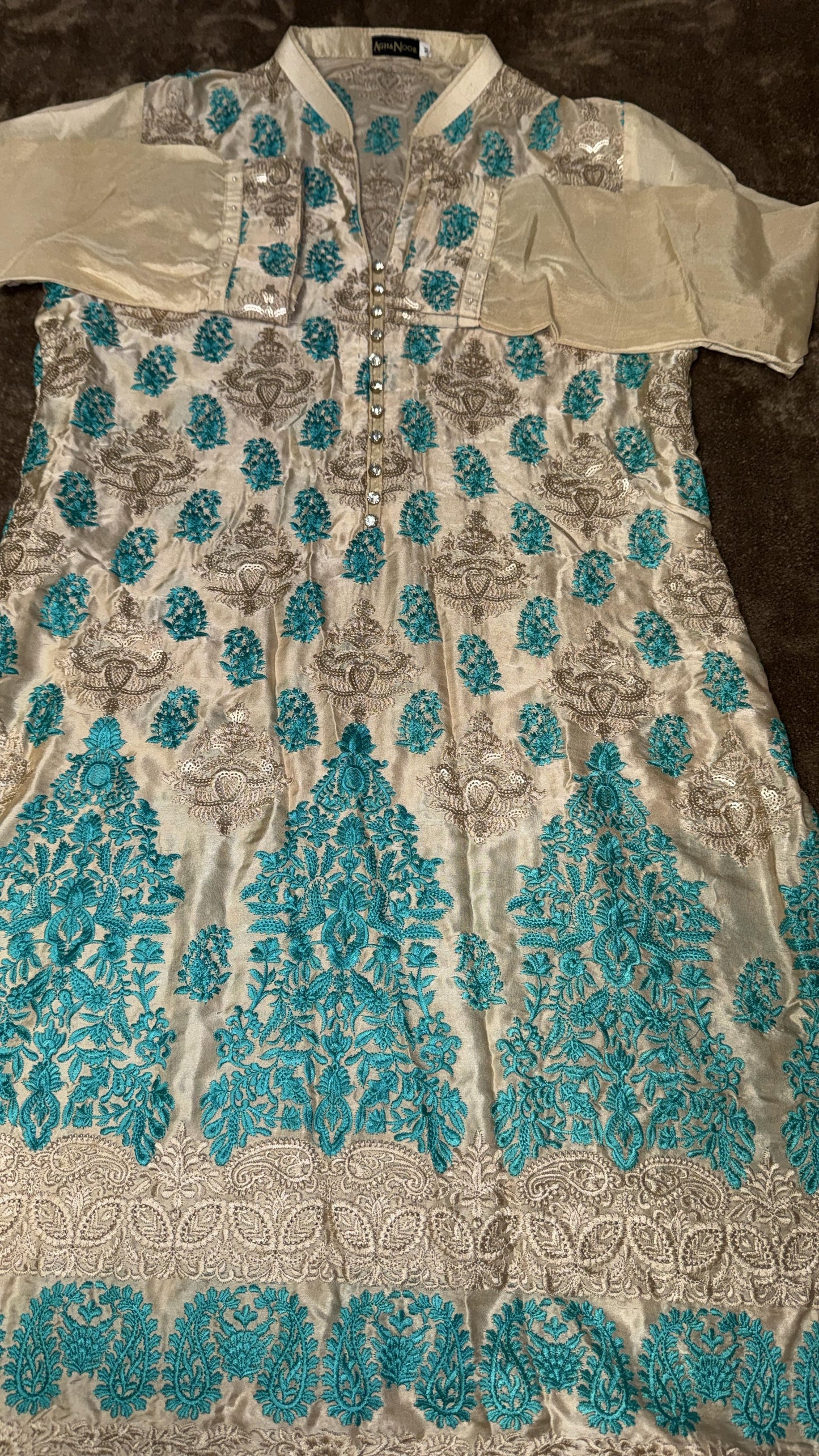 Agha Noor Beige Kurta with Teal and Beige Embroidery