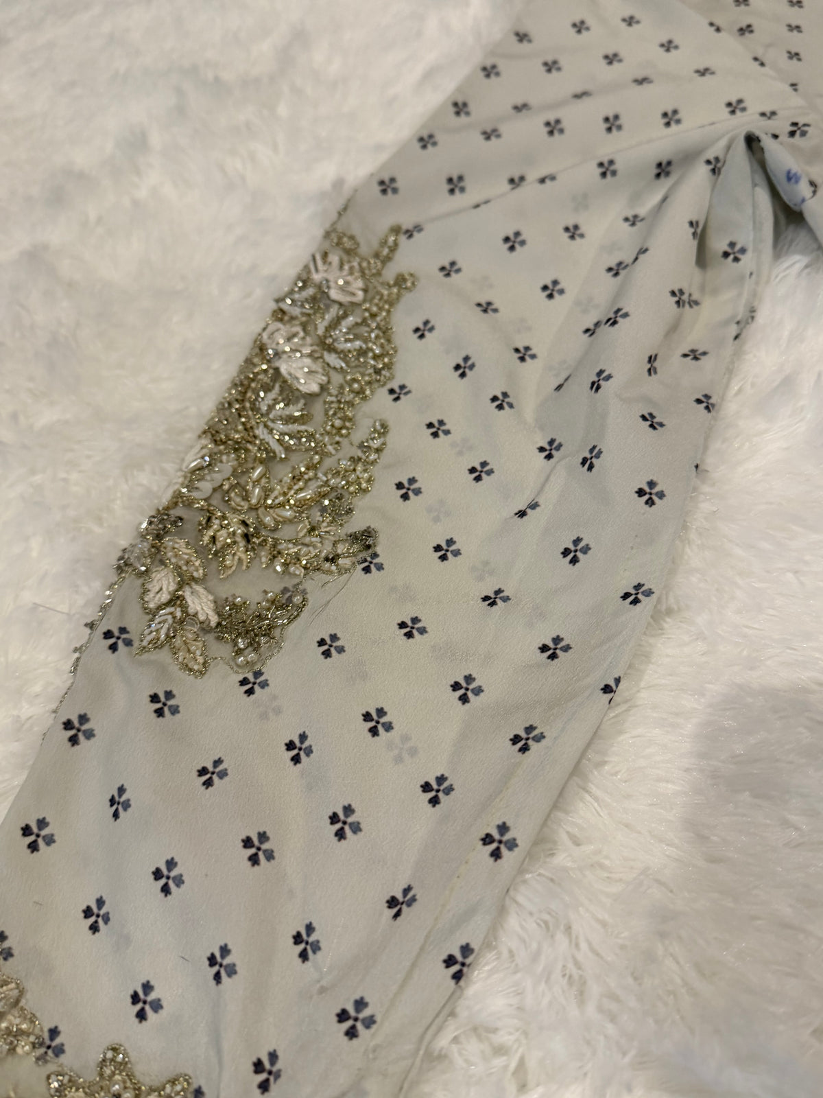 Suffuse Gray Silk Suit with Heavily Embroidered Printed Shirt and Pants with Embellishments on border