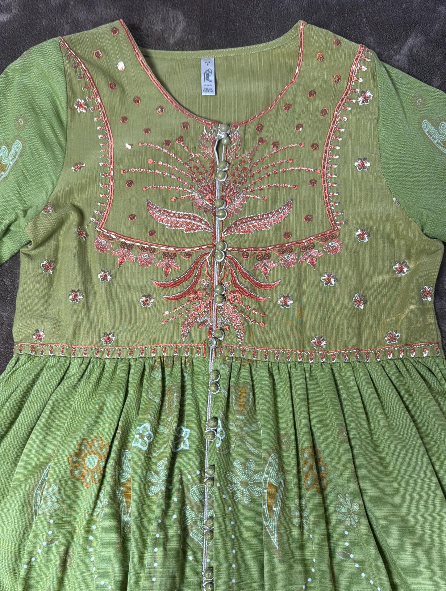 Ethnc Green and Gold A-line Cotton Silk Frock with Embroidery, Beads and Painted Design