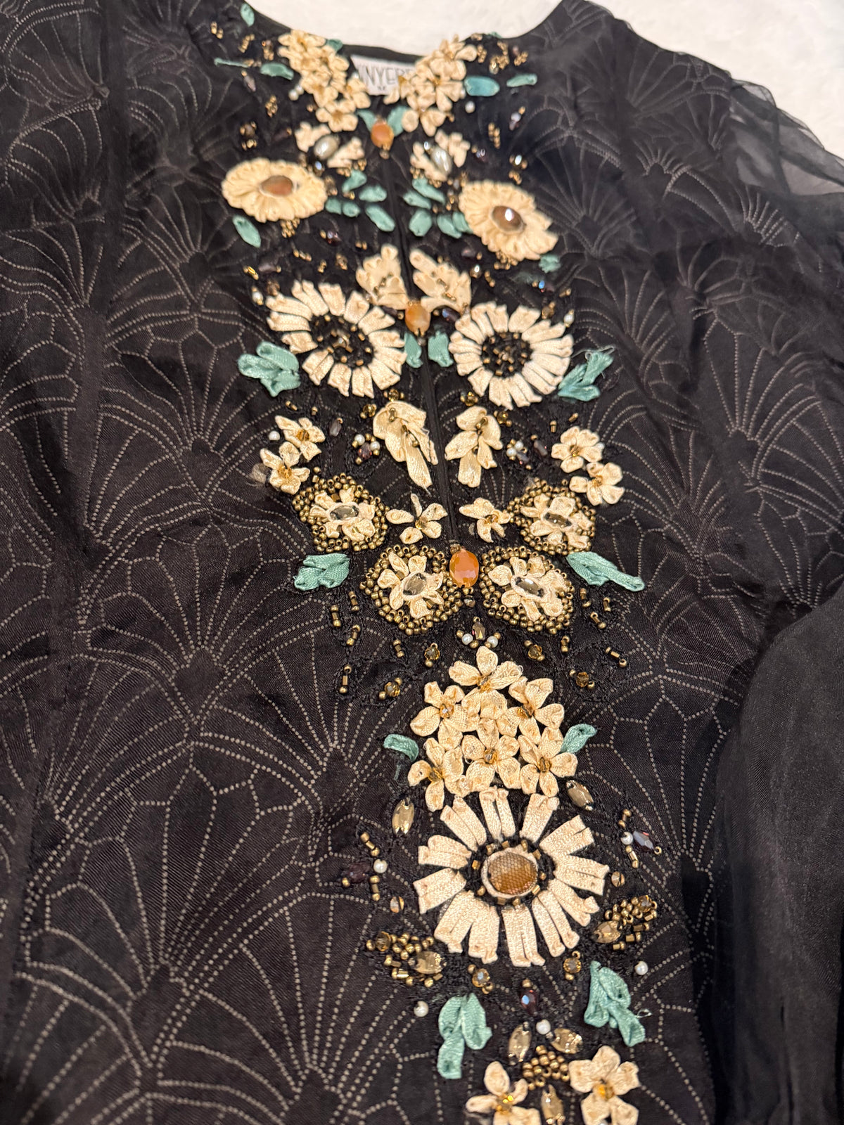 Chinyere Black A-Line Organza/Net Shirt with Heavy embroidery on neckline