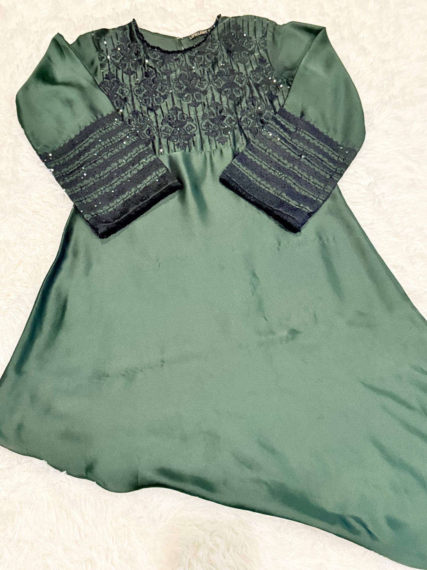 Limelight Bottle Green Silk Suit with Black Embroidery and Embellishments
