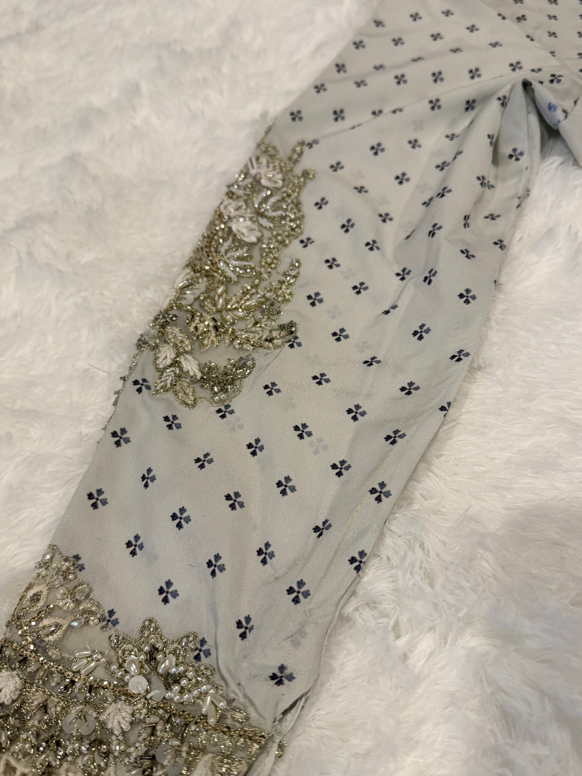 Suffuse Gray Silk Suit with Heavily Embroidered Printed Shirt and Pants with Embellishments on border
